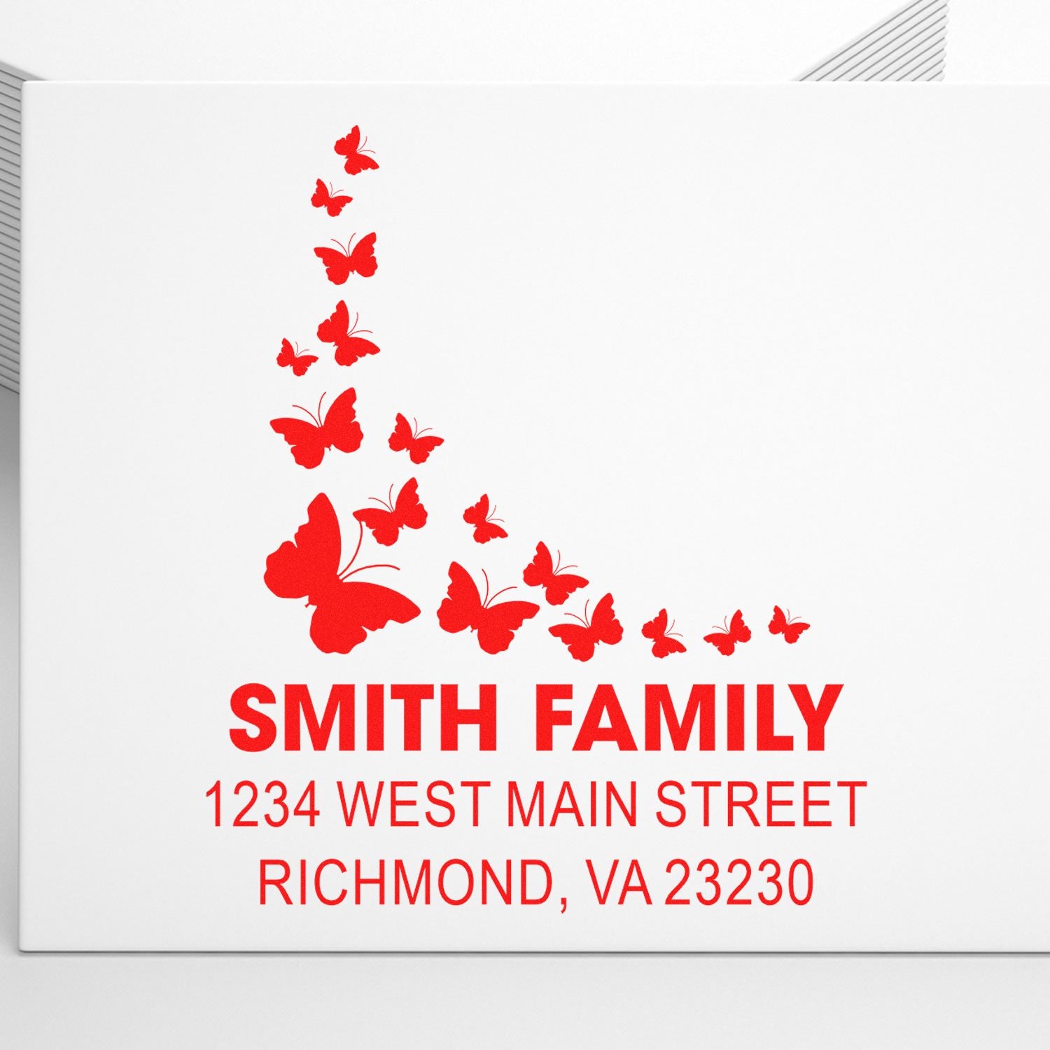 Custom butterfly family return address rubber stamp with Smith Family, 1234 West Main Street, Richmond, VA 23230