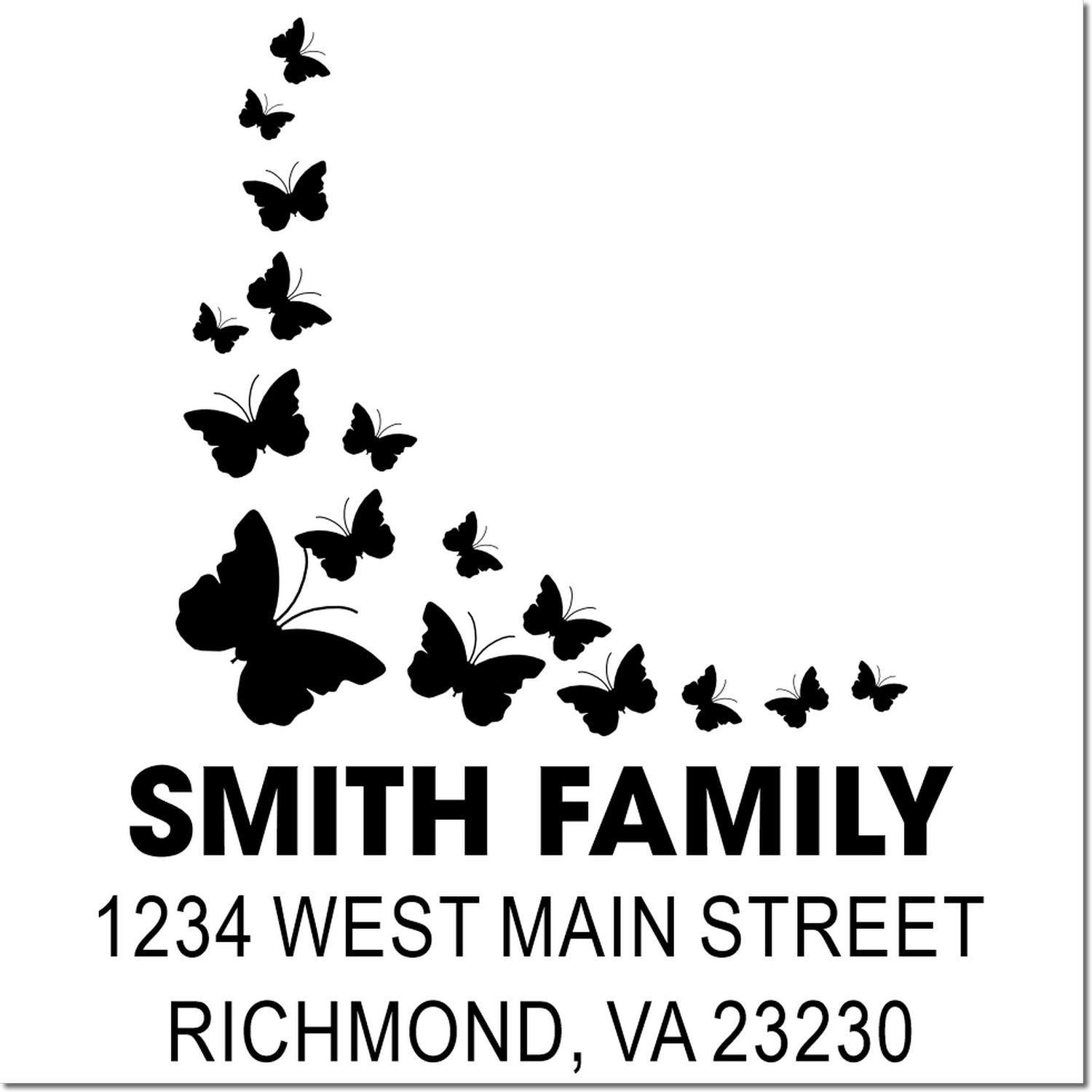 Custom butterfly return address rubber stamp with Smith Family name, street address, and city state ZIP code.
