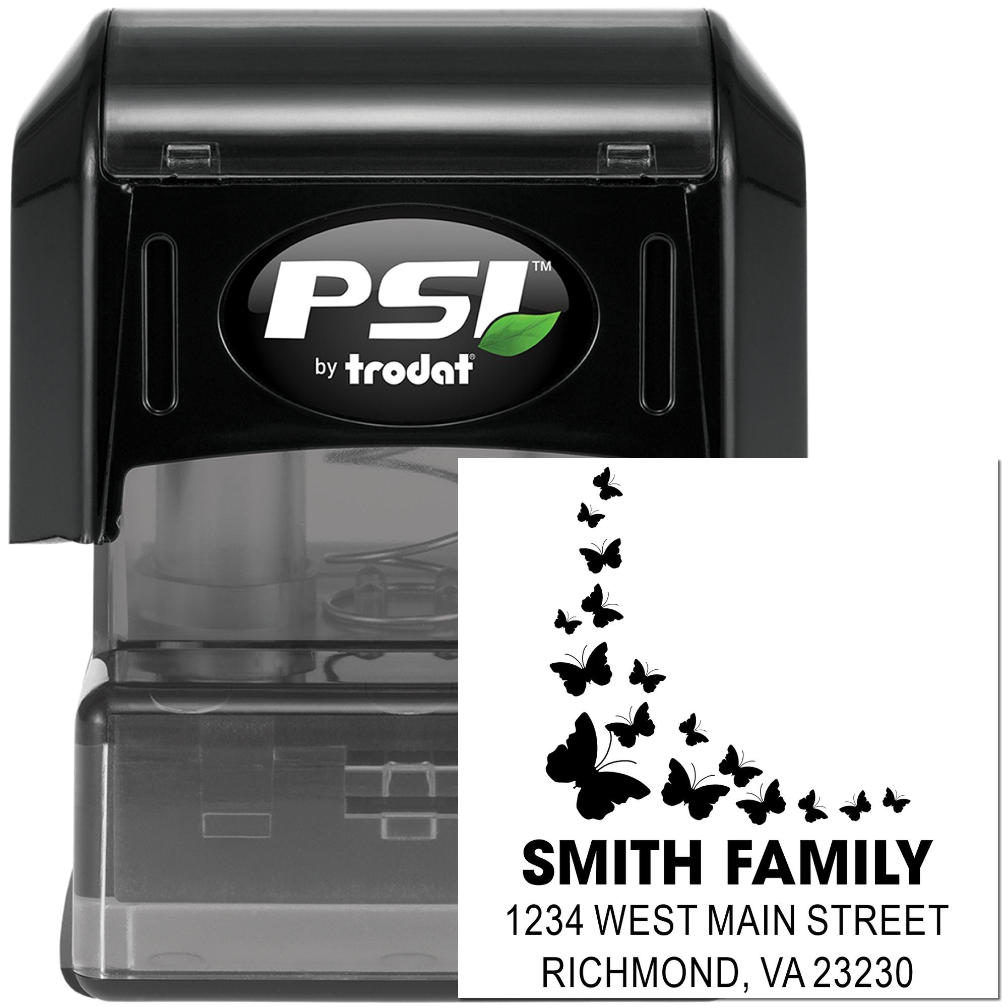 PSI by Trodat self-inking rubber stamp with custom butterfly return address design for personalized family mail.