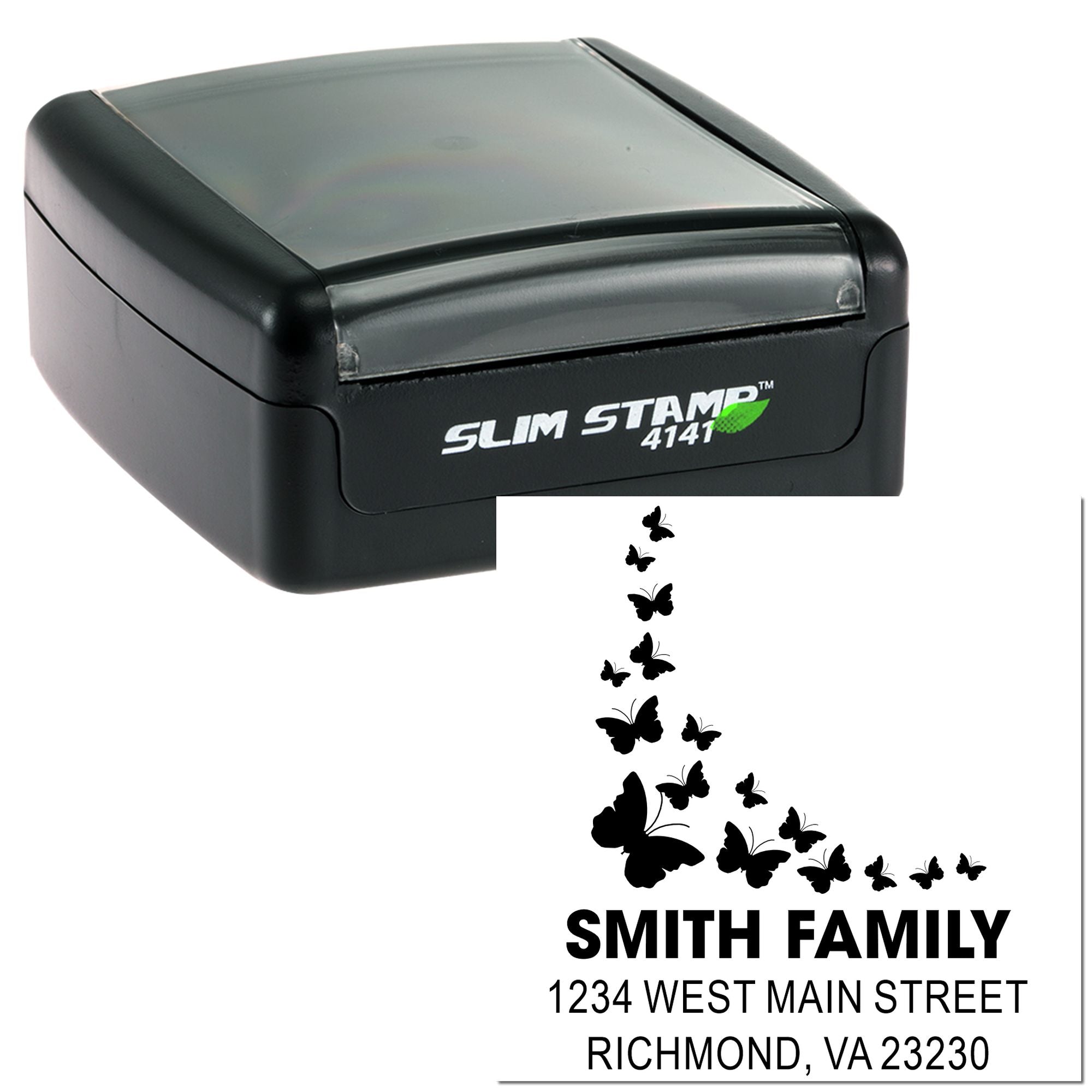 Custom self-inking Slim Stamp 4141 butterfly family address rubber stamp for return mailing labels.