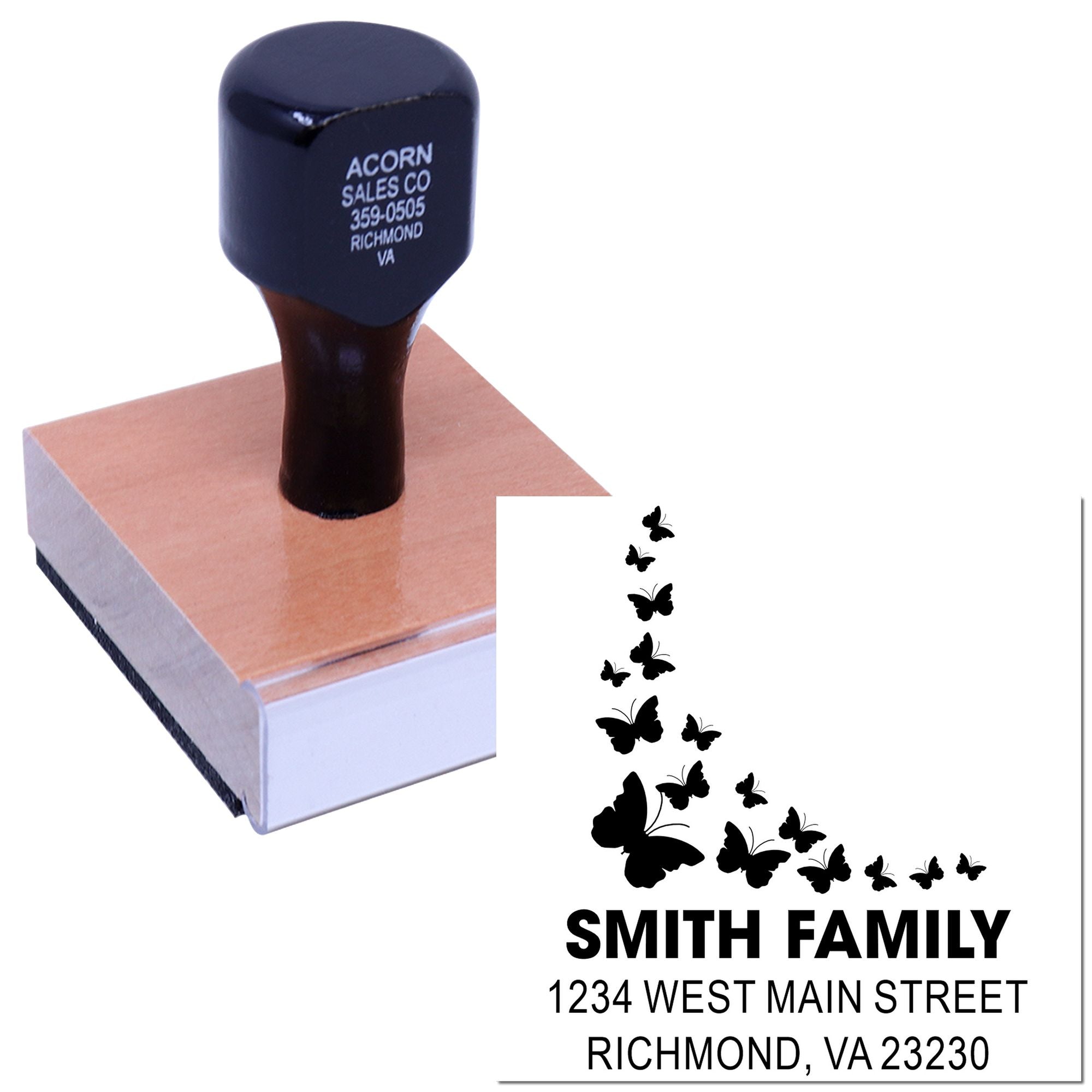 Custom return address rubber stamp with butterfly family design for personalized envelopes and mailing labels.