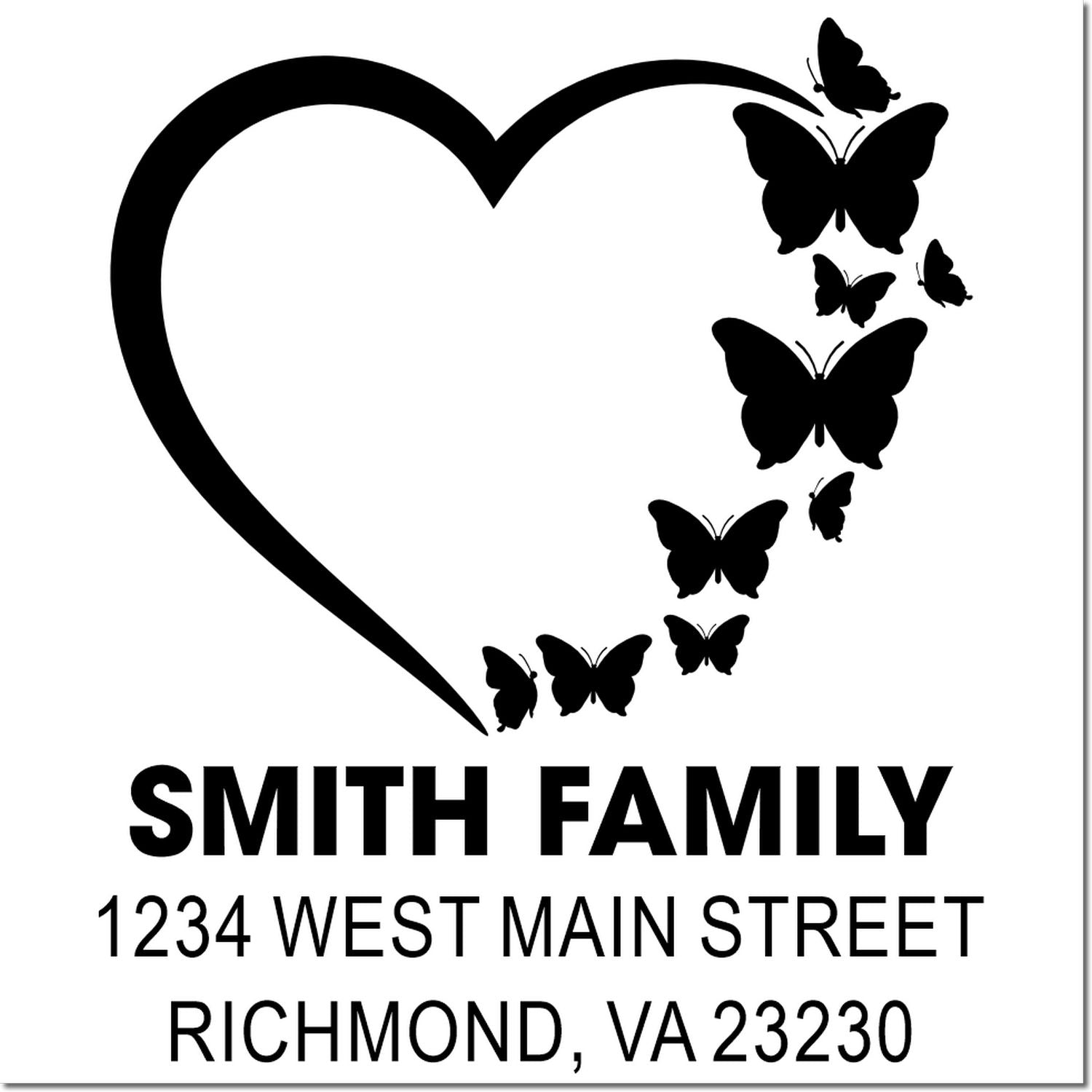 Personalized family address rubber stamp featuring a heart and butterflies for envelopes, wedding invitations, and mail.