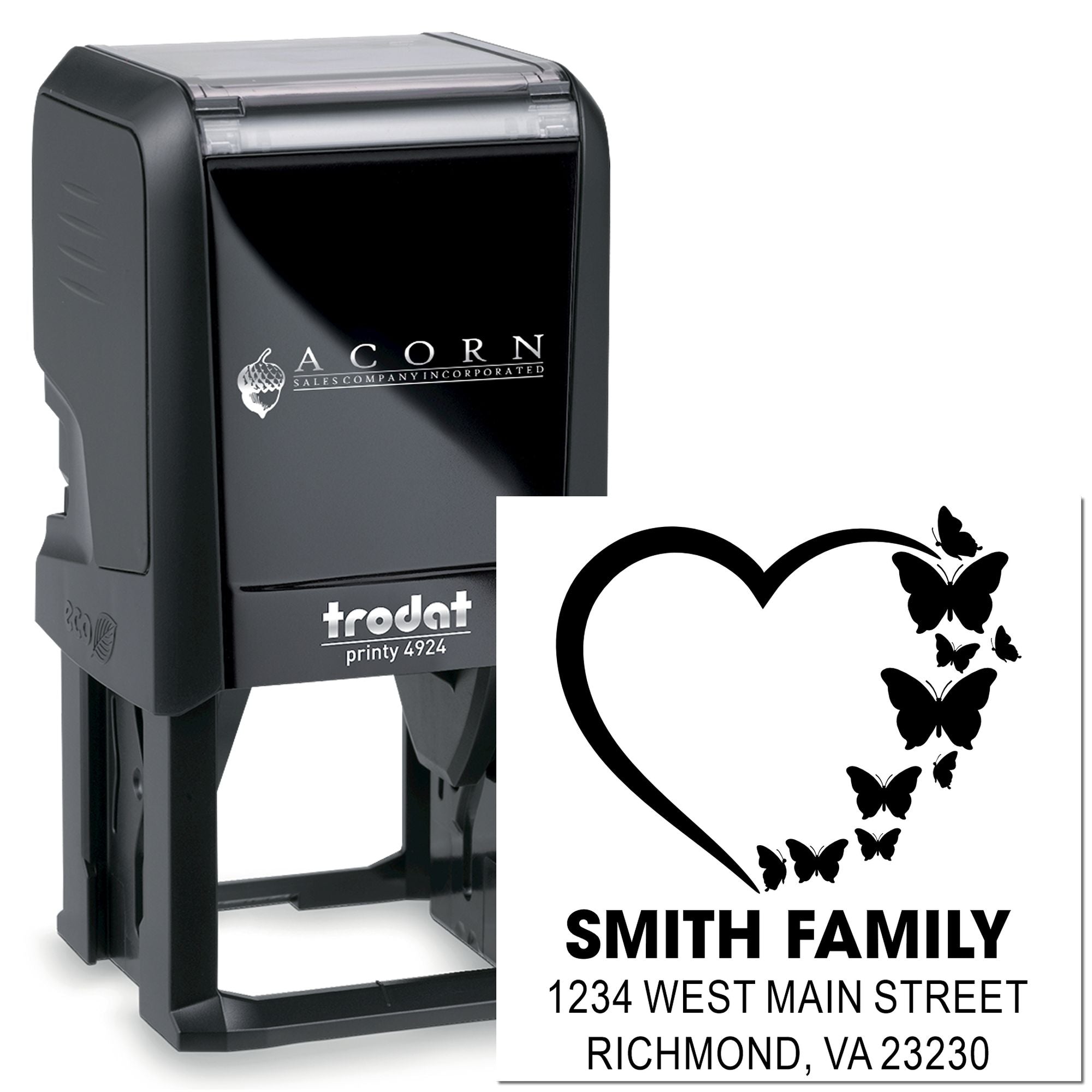 Custom self-inking rubber stamp with butterfly heart design and Smith family address, Trodat Printy 4924.