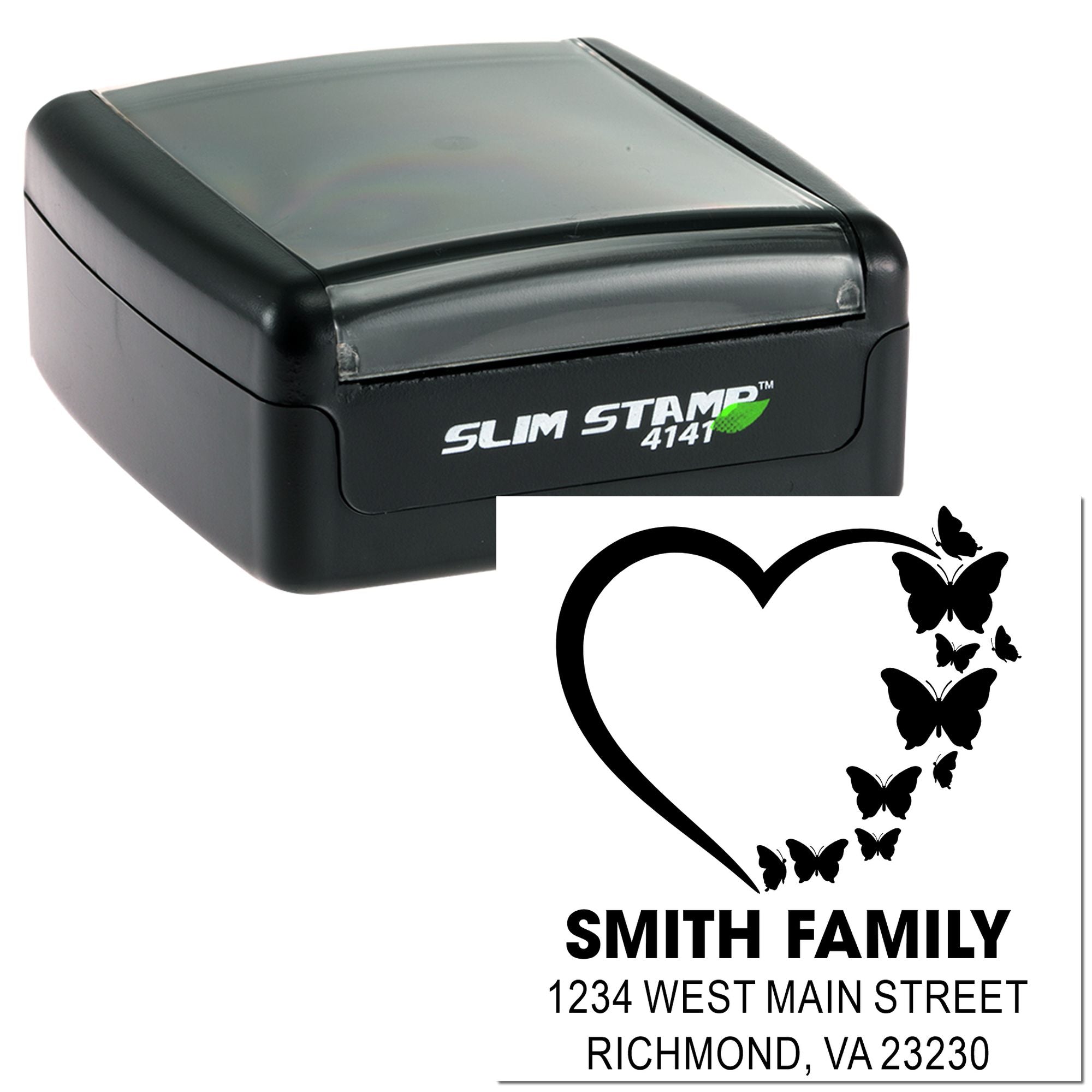 Custom self-inking Slim Stamp 4141 with butterfly heart design for Smith Family address labels and mailing envelopes.
