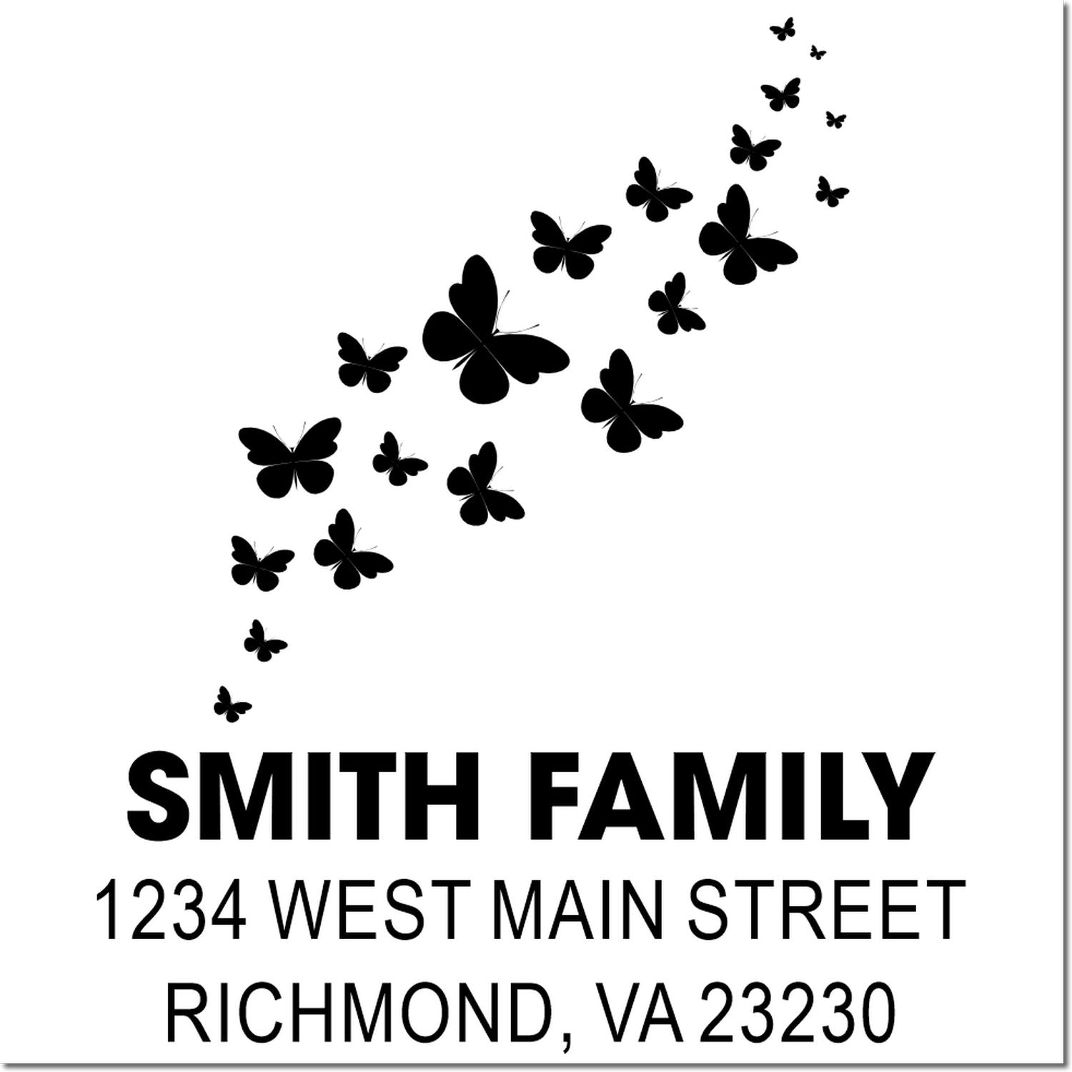 Personalized butterfly return address rubber stamp for Smith Family, 1234 West Main Street, Richmond, VA 23230.