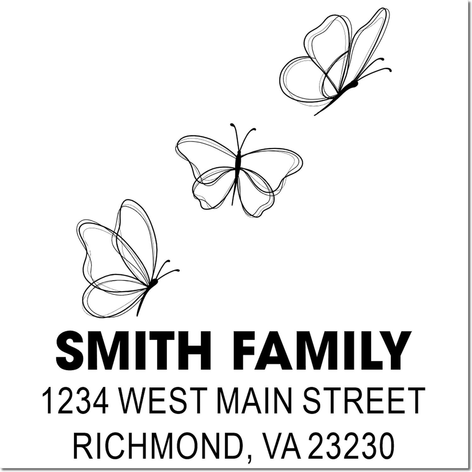 Personalized butterfly return address rubber stamp for Smith Family, 1234 West Main Street, Richmond, VA 23230.