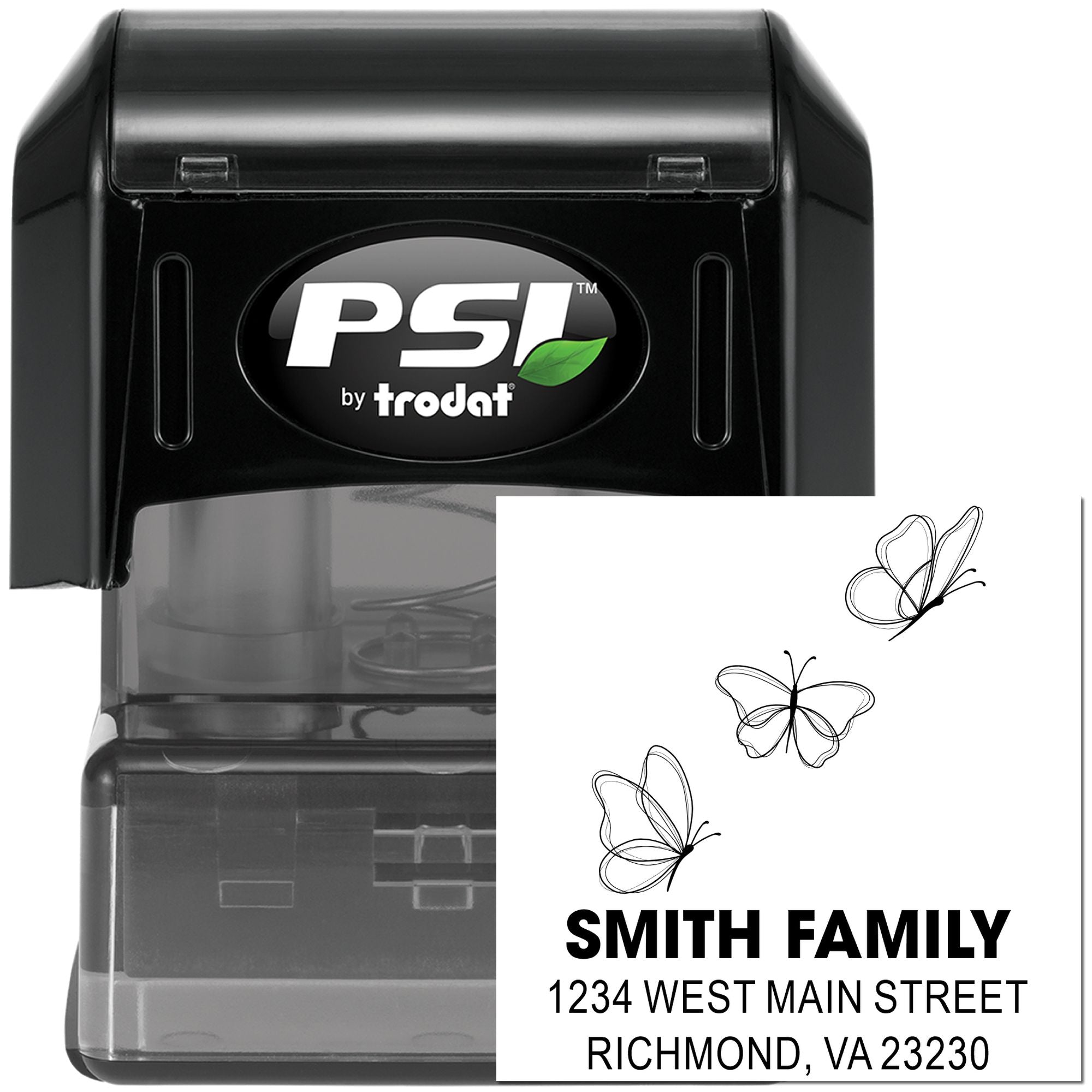 Custom self-inking rubber stamp for return address labels with butterfly design, PSI by Trodat, Smith Family Richmond VA