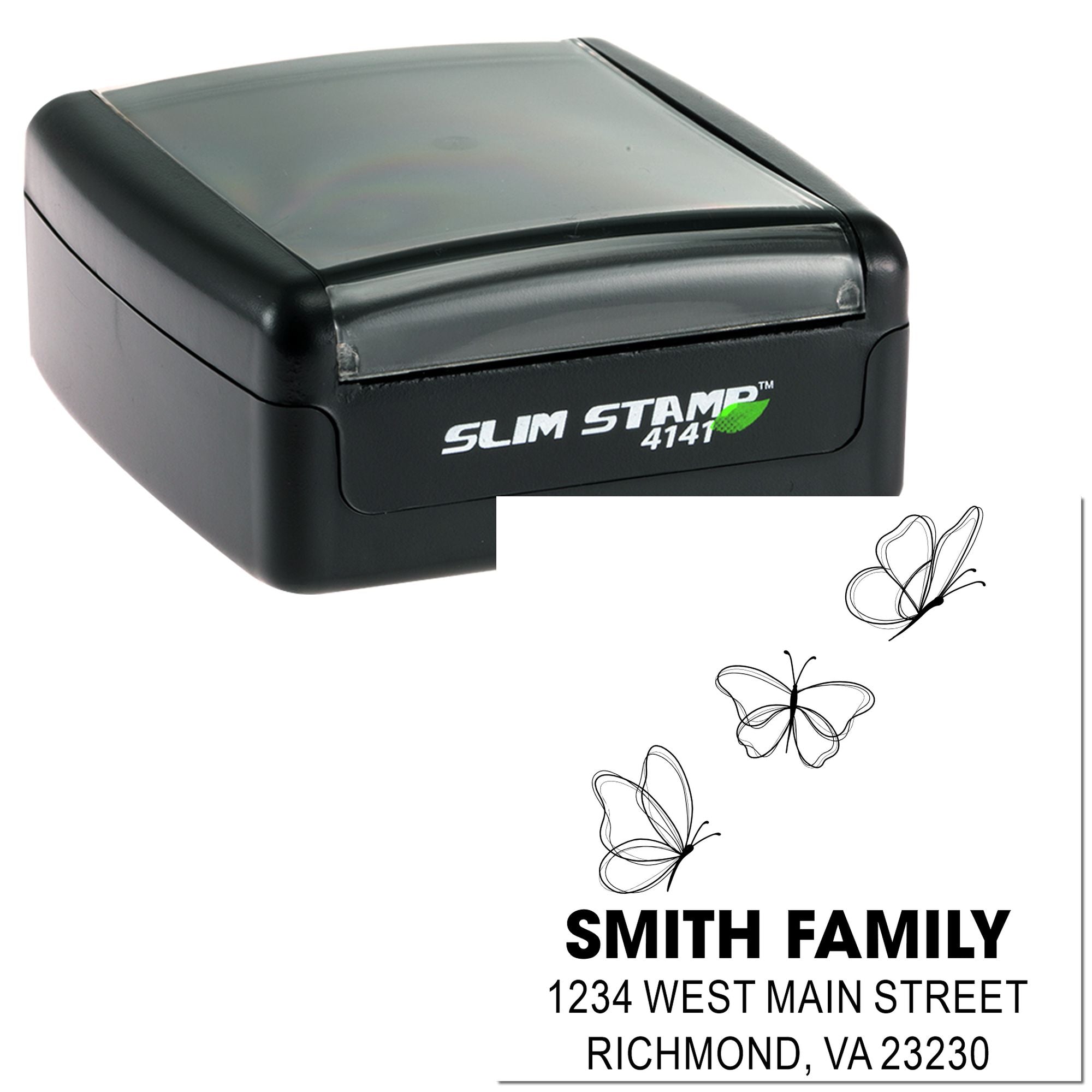Self-inking slim rubber stamp with butterfly address imprint for personalized family mailing.