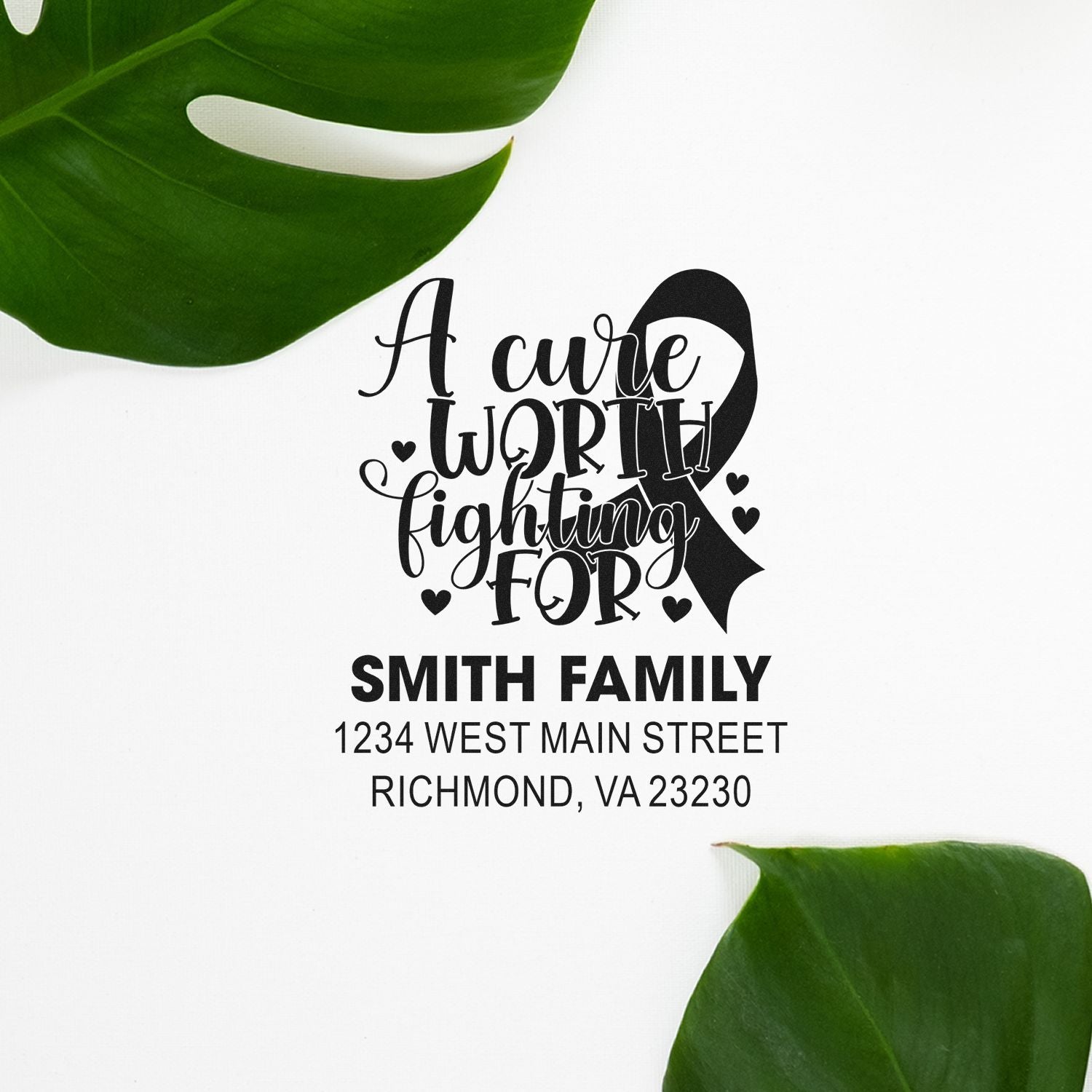 Custom return address rubber stamp with breast cancer awareness ribbon and A Cure Worth Fighting For for the Smith family.