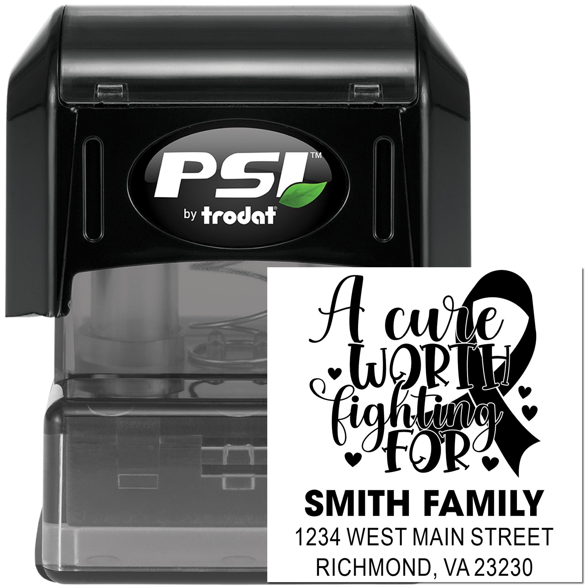 PSI by Trodat custom self-inking rubber stamp with breast cancer awareness ribbon, personalized family name and address imprint.