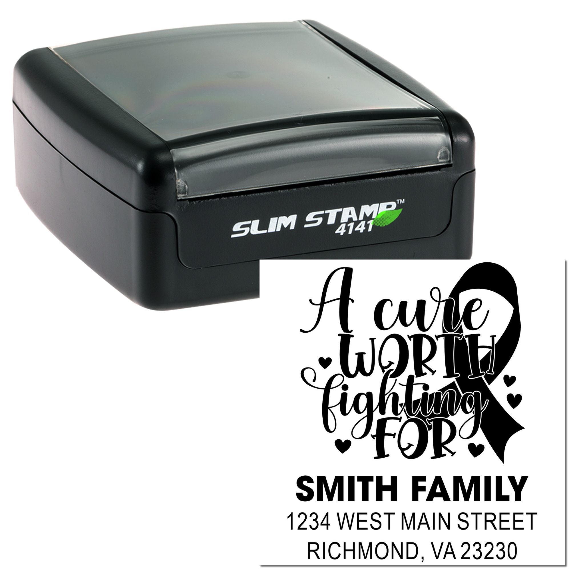 Personalized self-inking rubber stamp with A cure worth fighting for awareness ribbon and custom return address design.