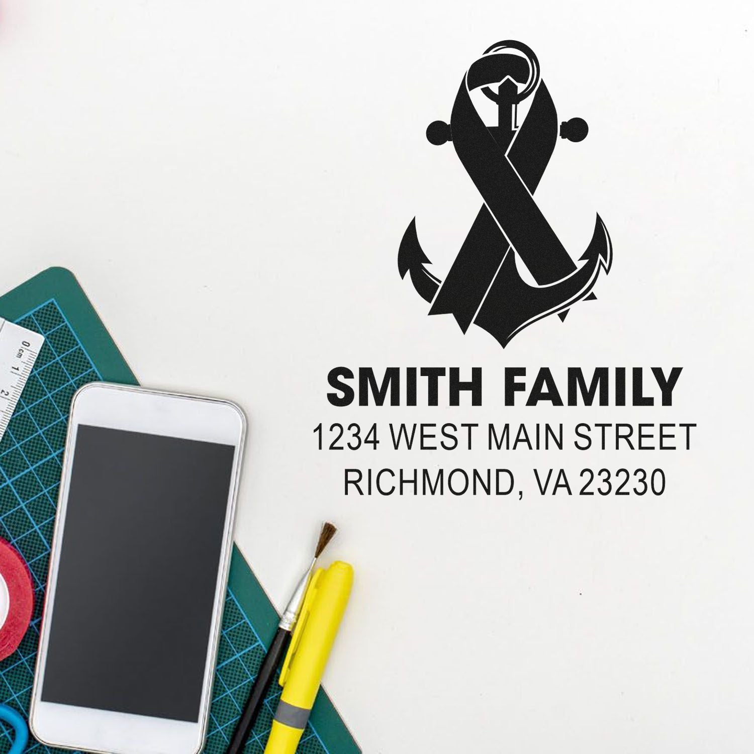 Custom rubber stamp for family return address, with anchor monogram, Smith Family, and Richmond, VA mailing address.