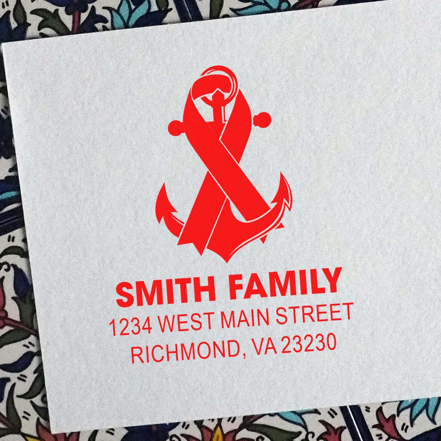 Personalized custom rubber stamp with anchor ribbon design and Smith family return address in Richmond, VA.