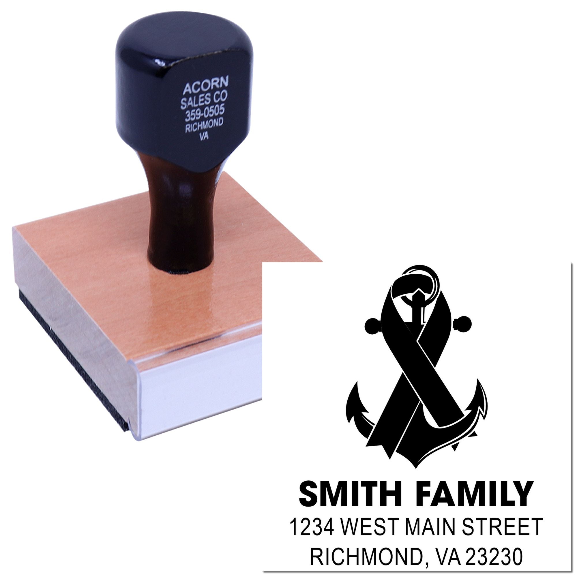 Custom rubber address stamp with anchor ribbon design for Smith Family, ideal for personalized mailing and stationery