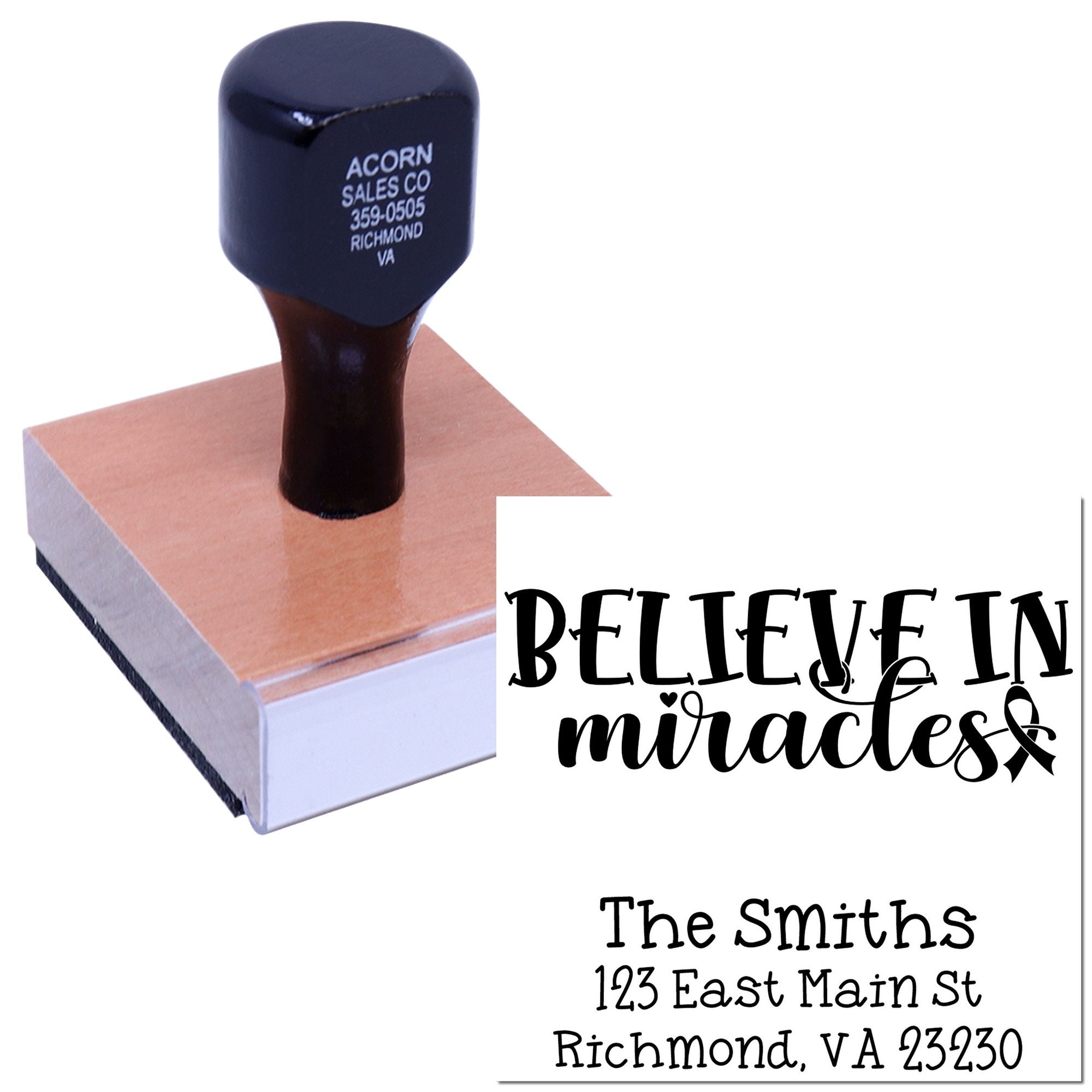 Custom rubber address stamp with Believe in miracles wedding design and The Smiths mailing address.