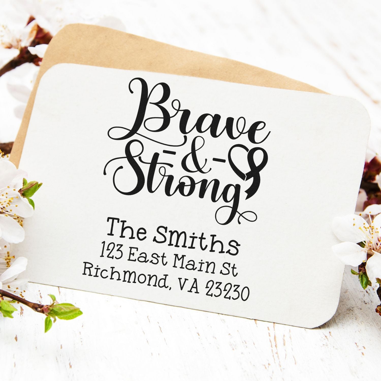 Custom Brave & Strong address rubber stamp for sympathy cards, featuring The Smiths name and return mailing address.