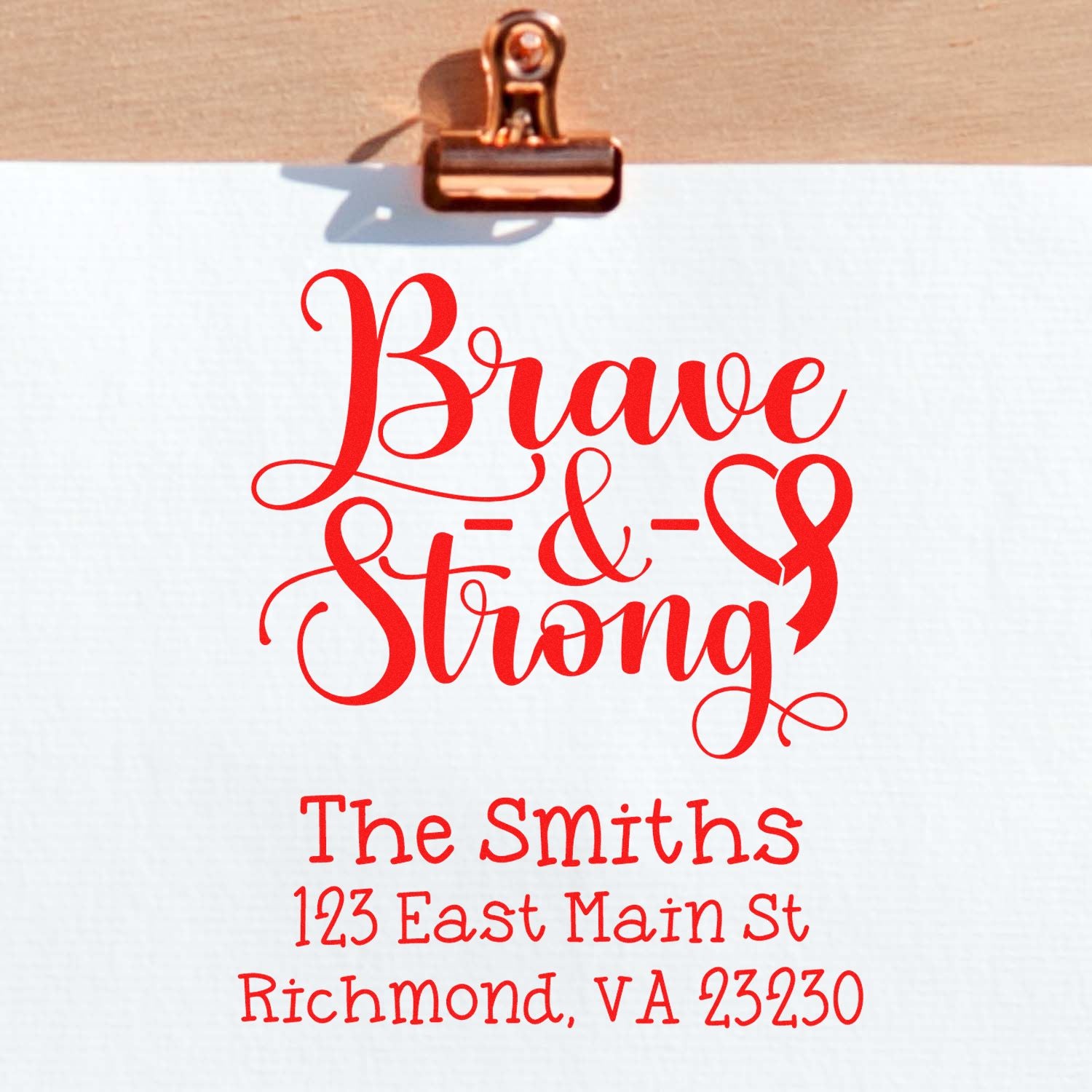Personalized Brave & Strong address rubber stamp for The Smiths, ideal for stationery, cards, and gift packaging.