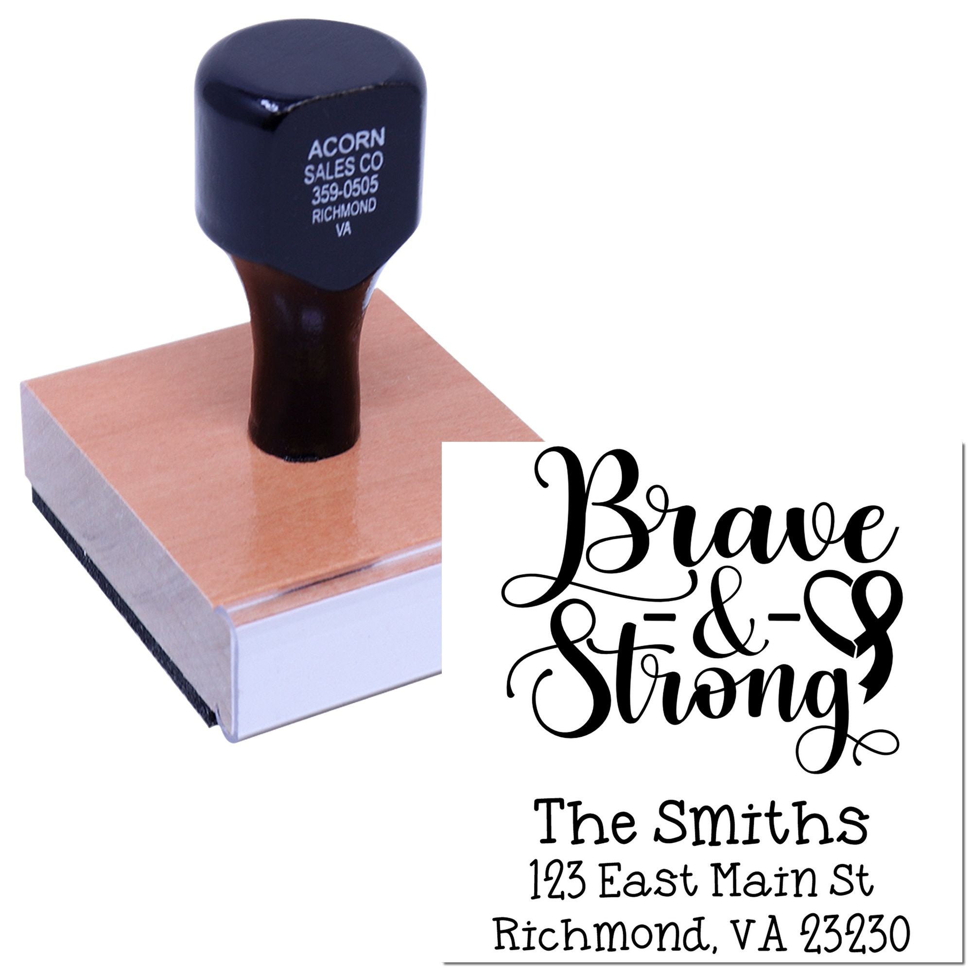 Custom rubber stamp with Brave & Strong design and personalized name and address for invitations or gift packaging.