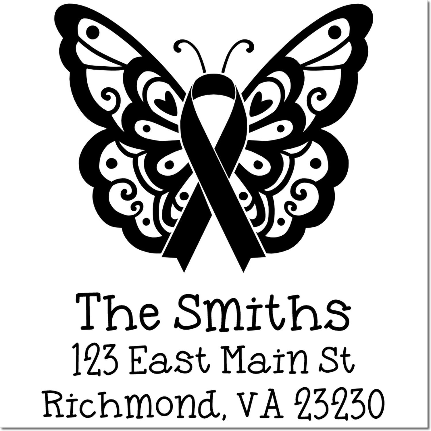 Custom butterfly awareness ribbon address rubber stamp with family name and return mailing address.
