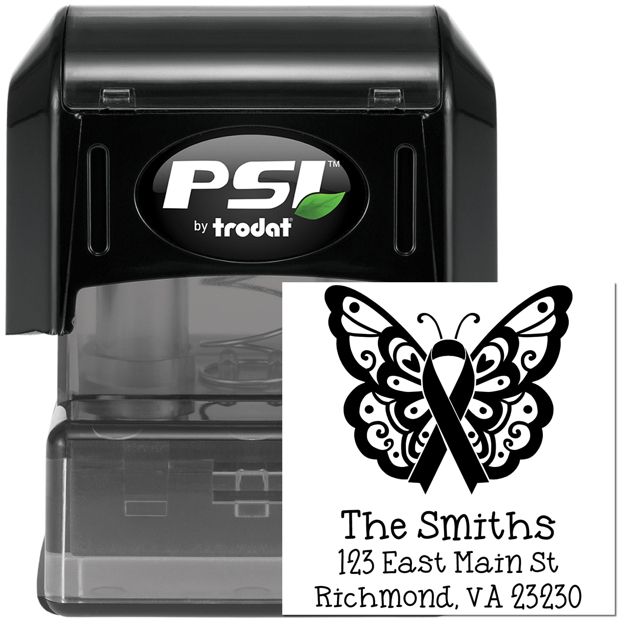 Custom self-inking rubber address stamp with butterfly awareness ribbon design and The Smiths Richmond, VA address.