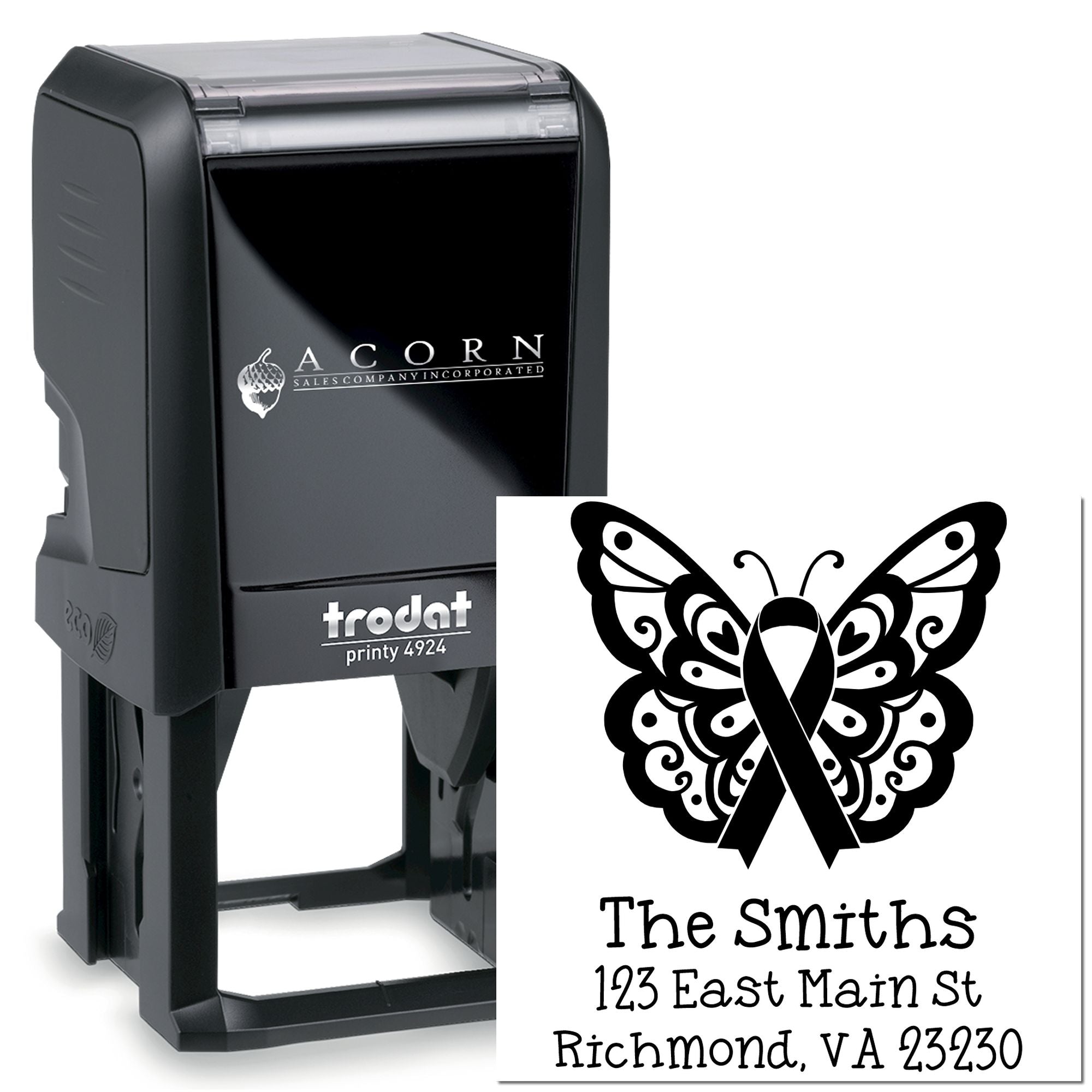 Custom self-inking rubber stamp with butterfly ribbon design and address imprint for memorial or awareness mailings.