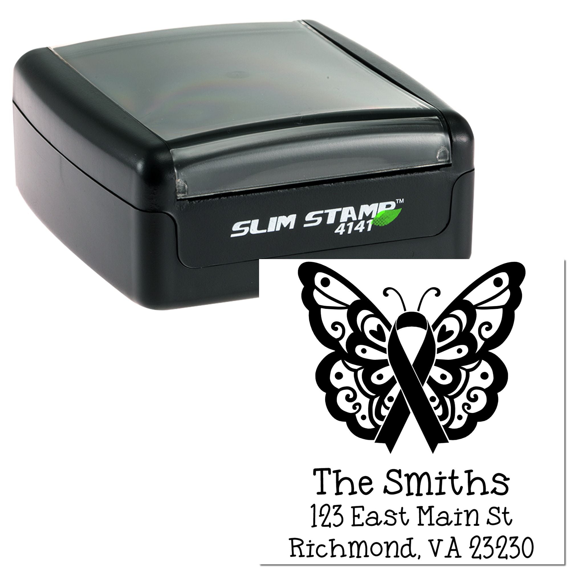Custom self-inking rubber stamp with butterfly ribbon design and address imprint for invitations, mailings, or awareness events.