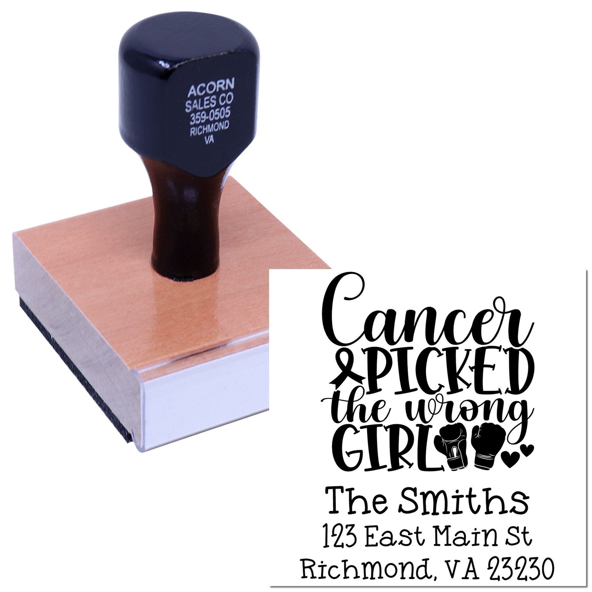 Personalized cancer awareness rubber stamp reading Cancer picked the wrong girl with the Smith family return address.