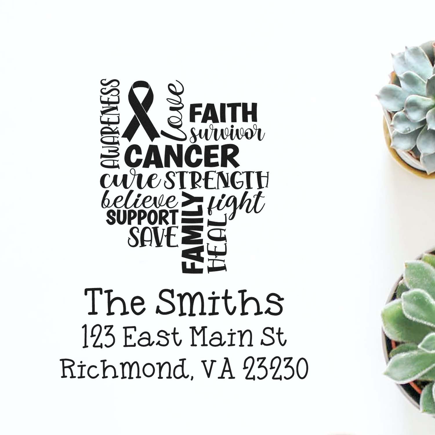 Personalized cancer awareness rubber stamp with ribbon, faith and family address for survivor support letters and mailings.
