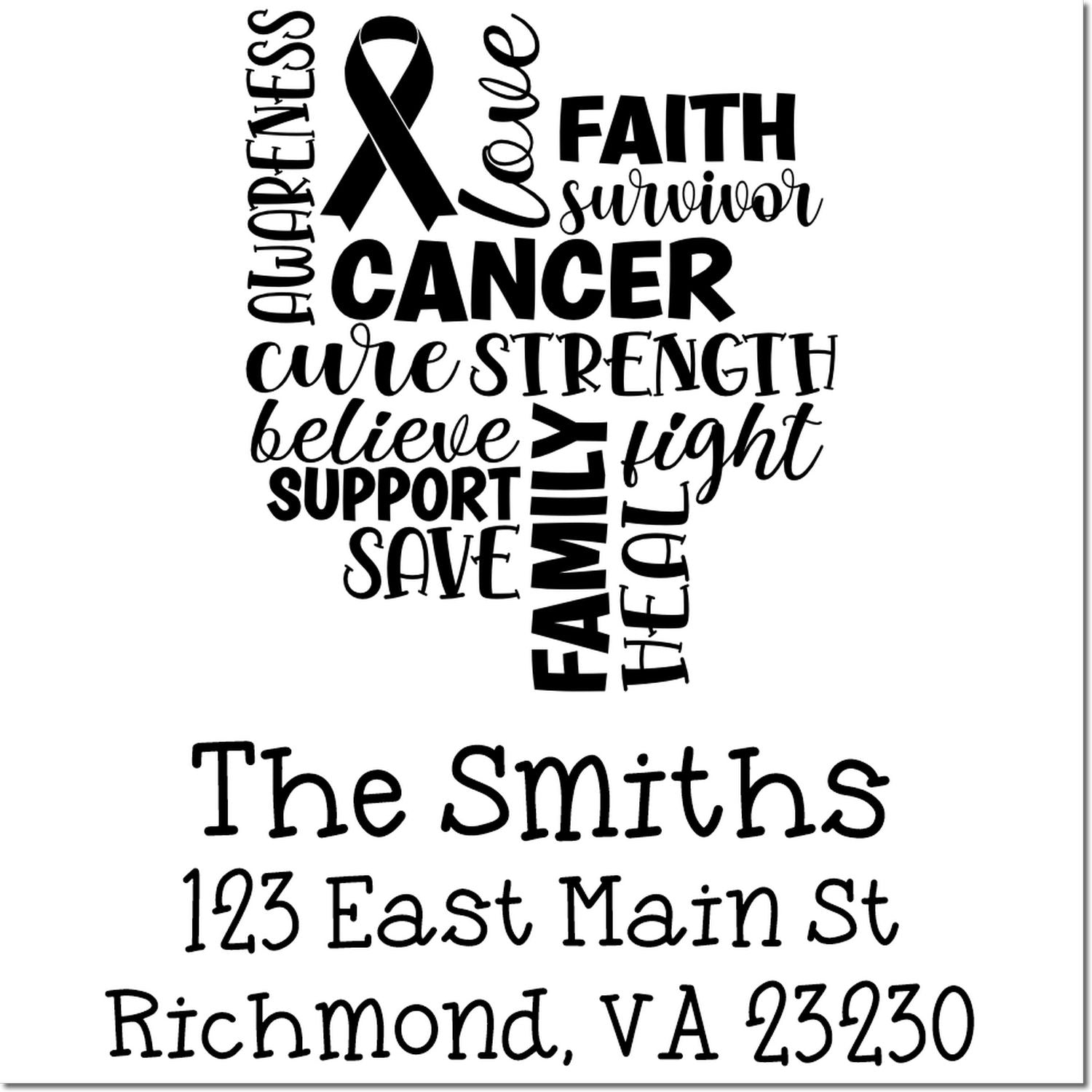 Personalized breast cancer awareness rubber stamp with ribbon word art and return address for The Smiths, Richmond, VA 23230
