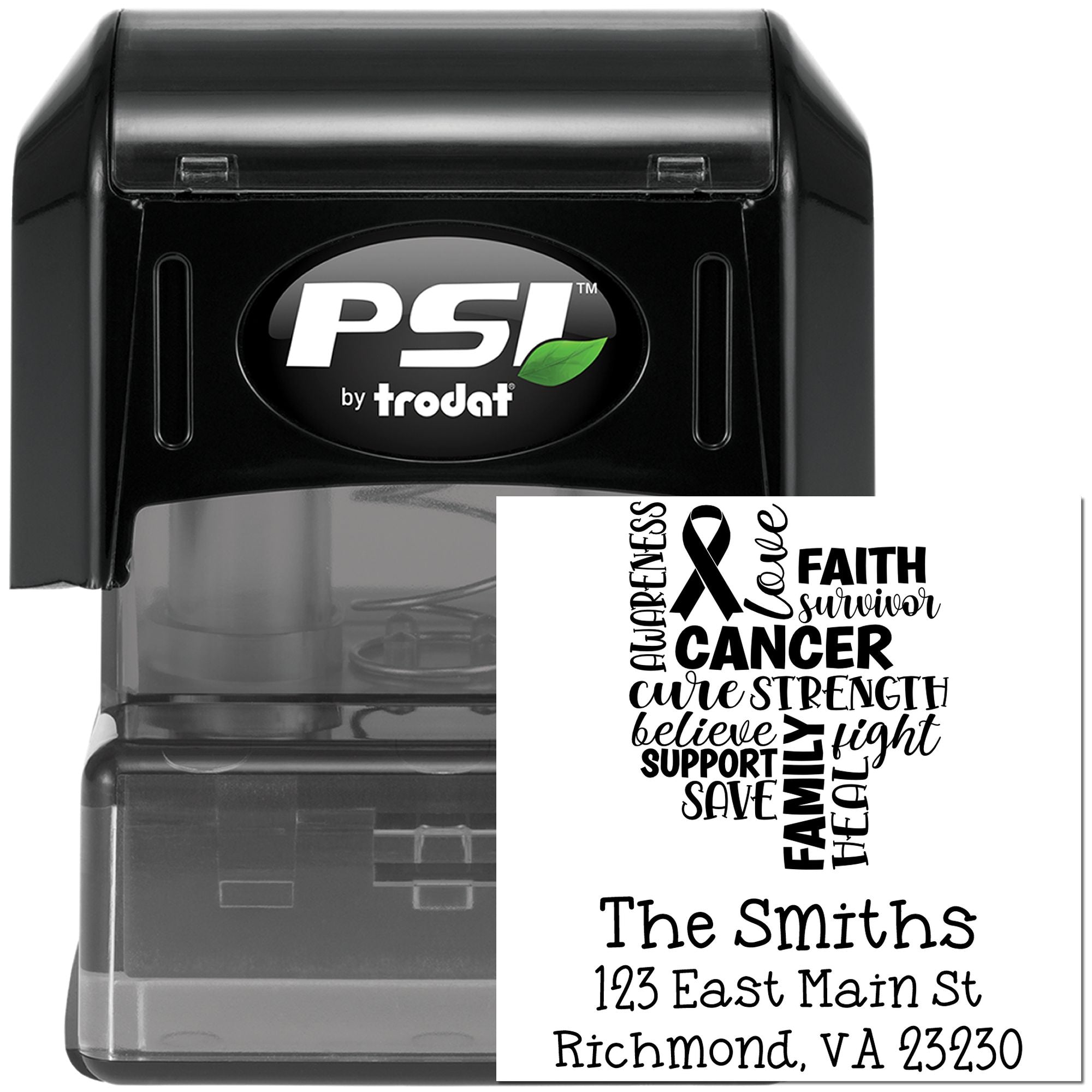 Custom self-inking rubber stamp for cancer awareness with faith survivor design and personalized Smiths return address.