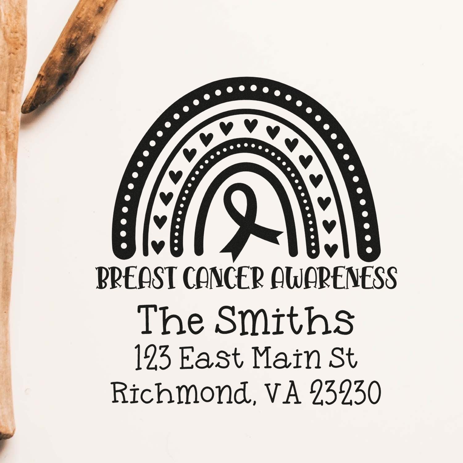 Personalized breast cancer awareness return address rubber stamp with rainbow ribbon design for The Smiths, Richmond VA.
