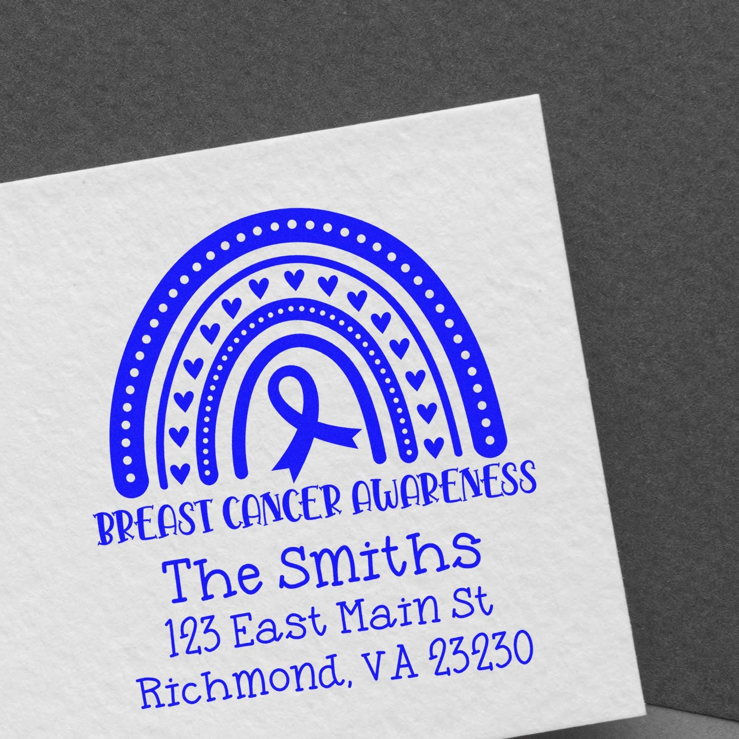 Custom breast cancer awareness rubber stamp with rainbow ribbon and personalized return address for The Smiths.