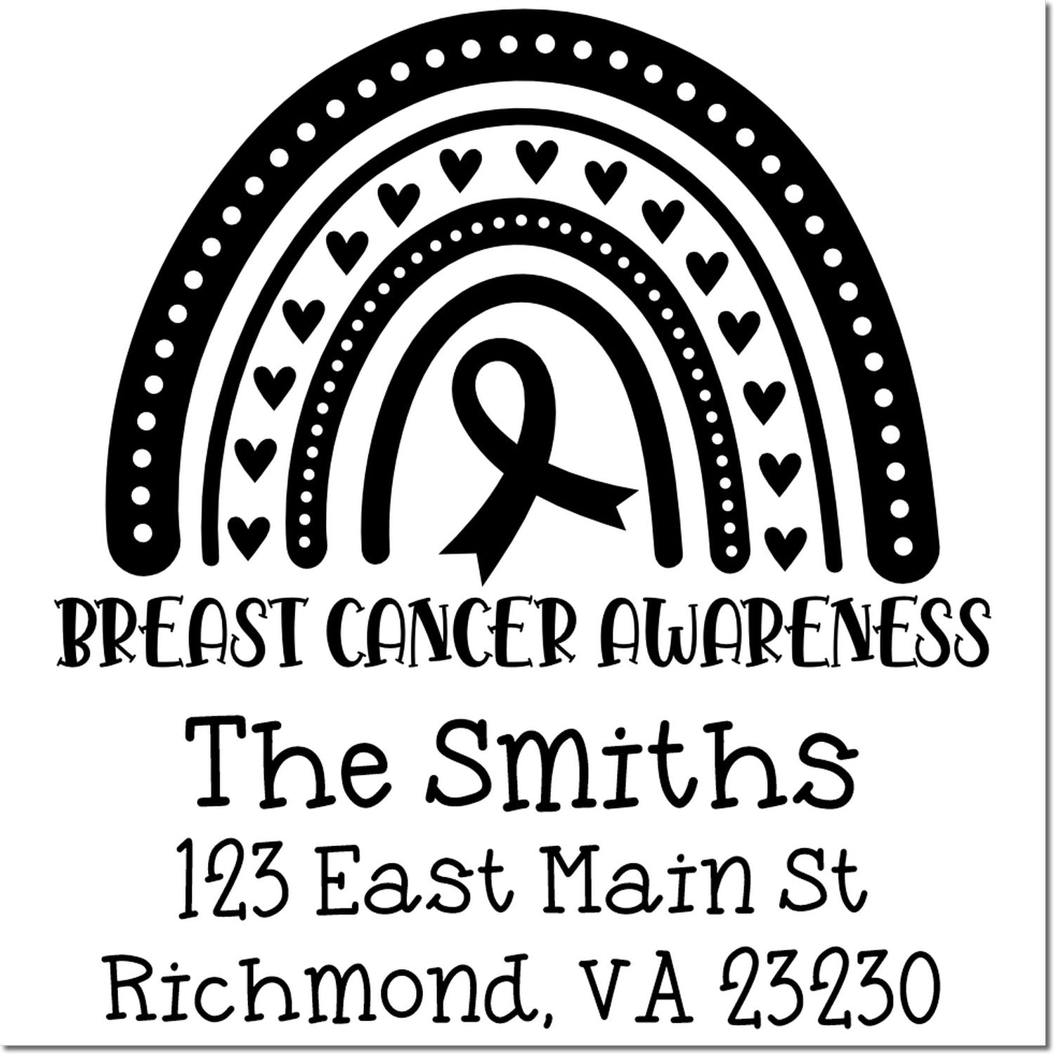 Custom breast cancer awareness return address rubber stamp with rainbow ribbon, The Smiths, 123 East Main St, Richmond VA 23230