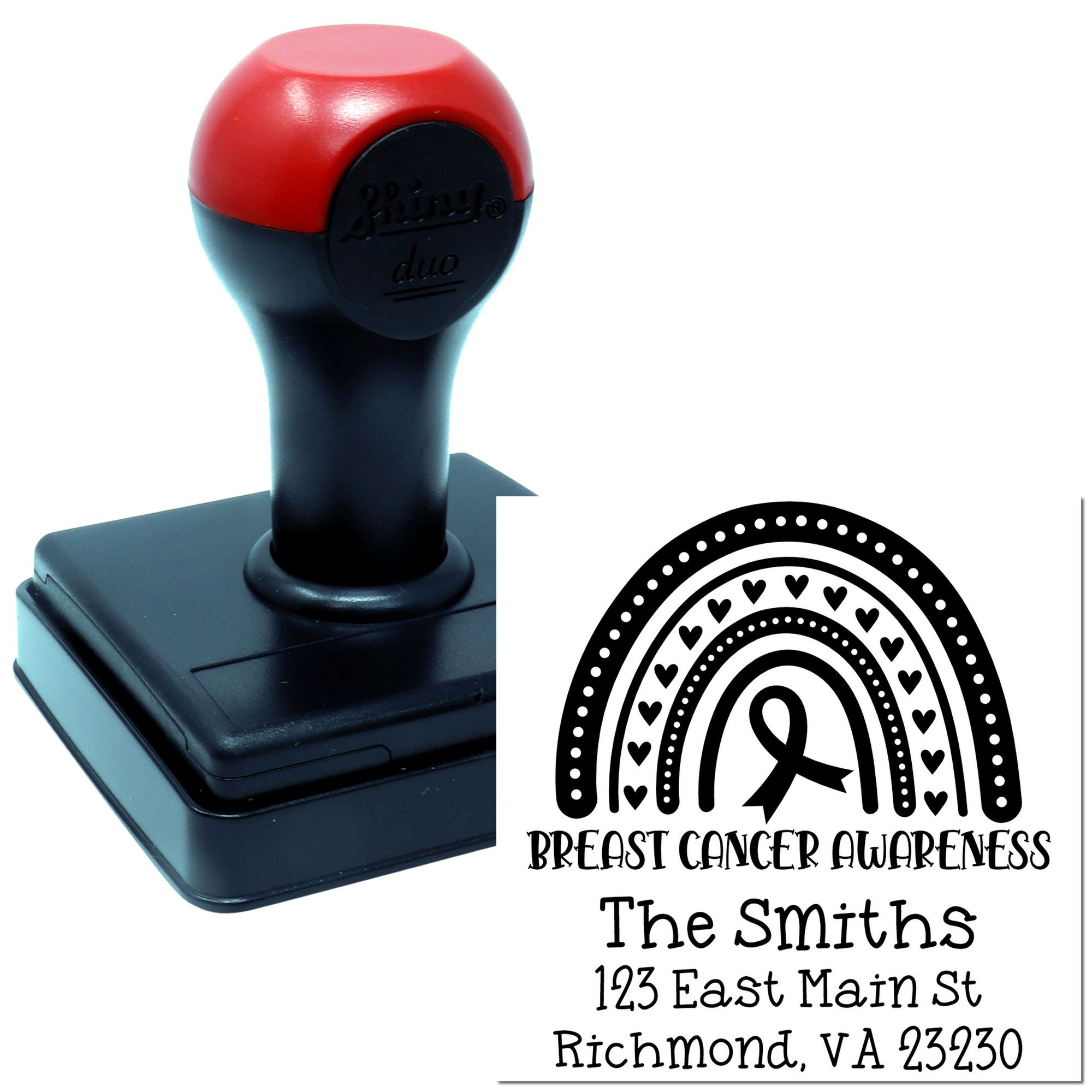 Custom self-inking rubber stamp for breast cancer awareness with rainbow hearts, name, and address imprint.