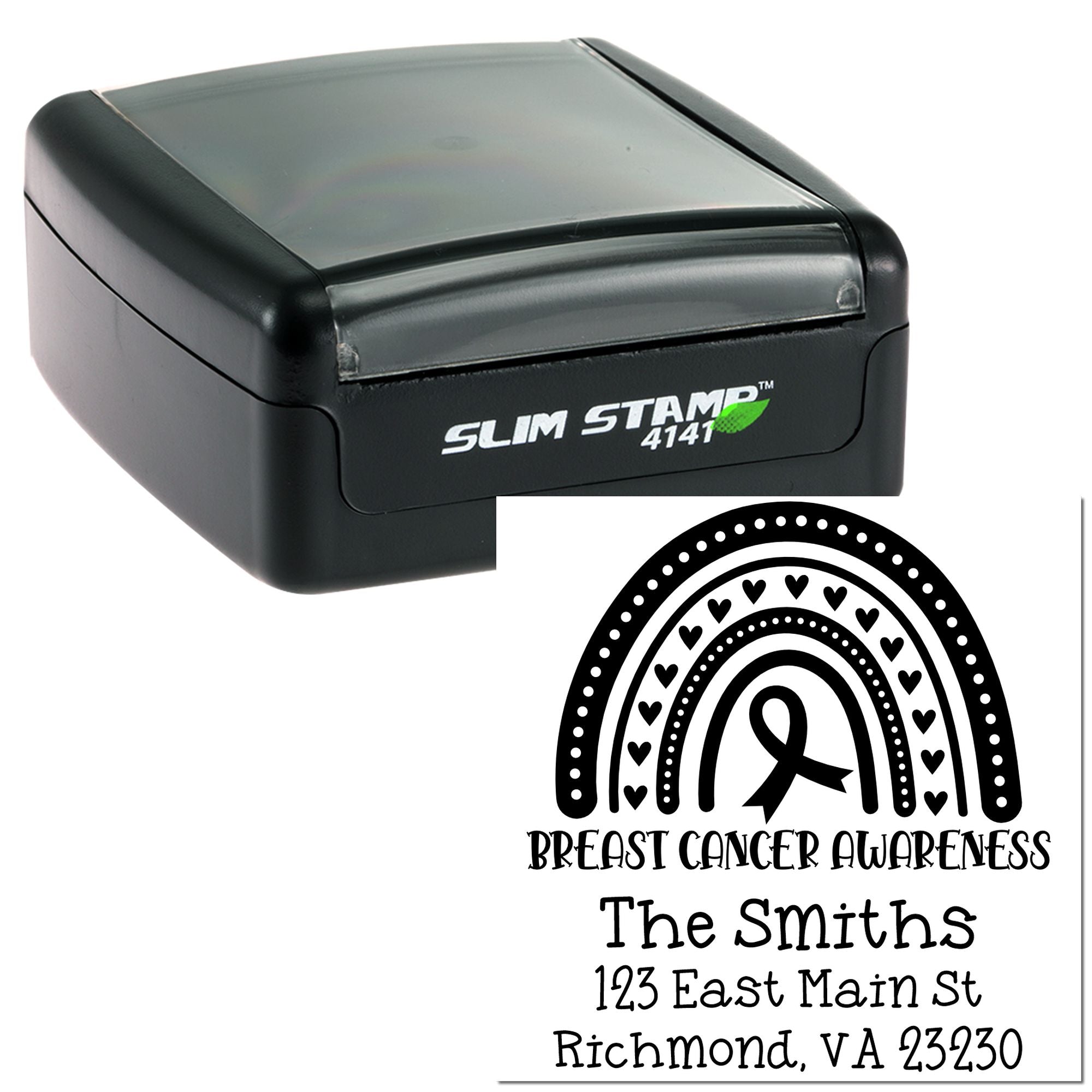 Self-inking breast cancer awareness rubber stamp with custom return address and rainbow ribbon design