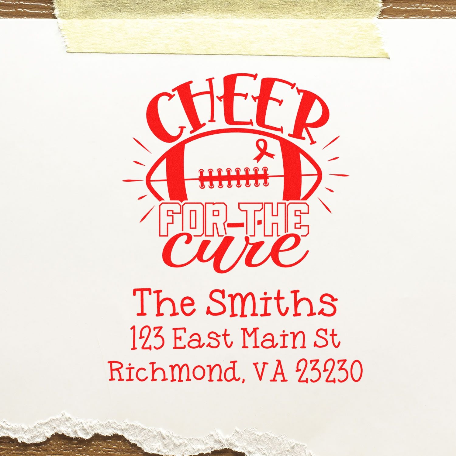 Custom rubber stamp design for Cheer for the Cure, with football and ribbon plus The Smiths address for awareness fundraising.