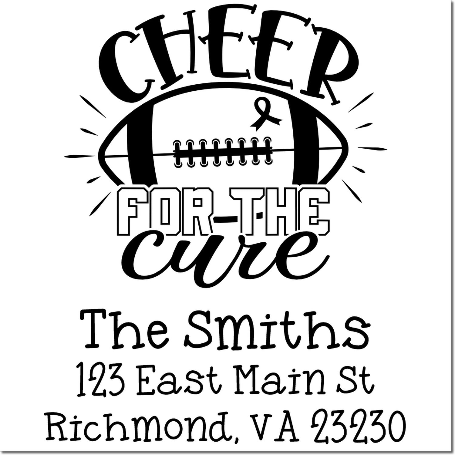 Breast cancer Cheer for the Cure football return address rubber stamp with The Smiths, 123 East Main St, Richmond, VA 23230