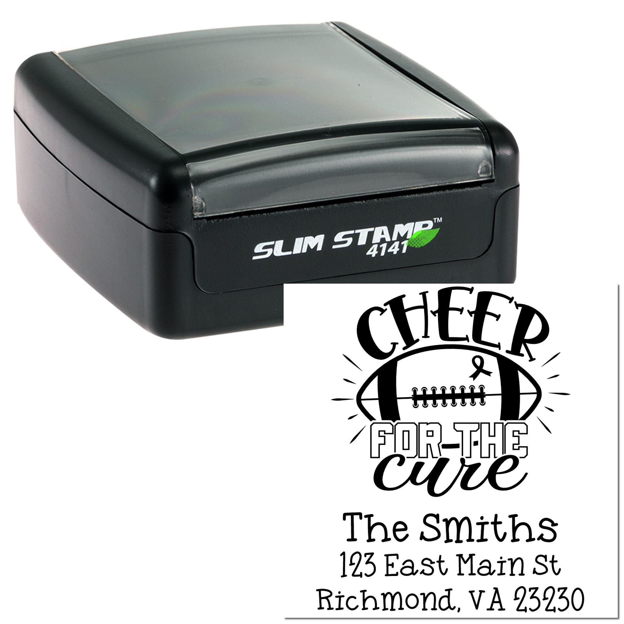Custom self-inking rubber stamp with Cheer for the Cure football design and personalized address imprint