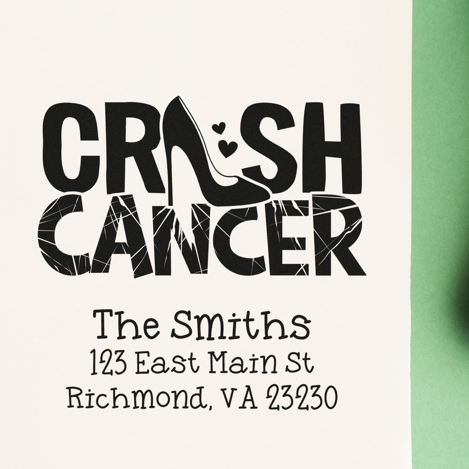 Personalized custom rubber stamp with Crash Cancer cancer awareness message and return address for The Smiths.