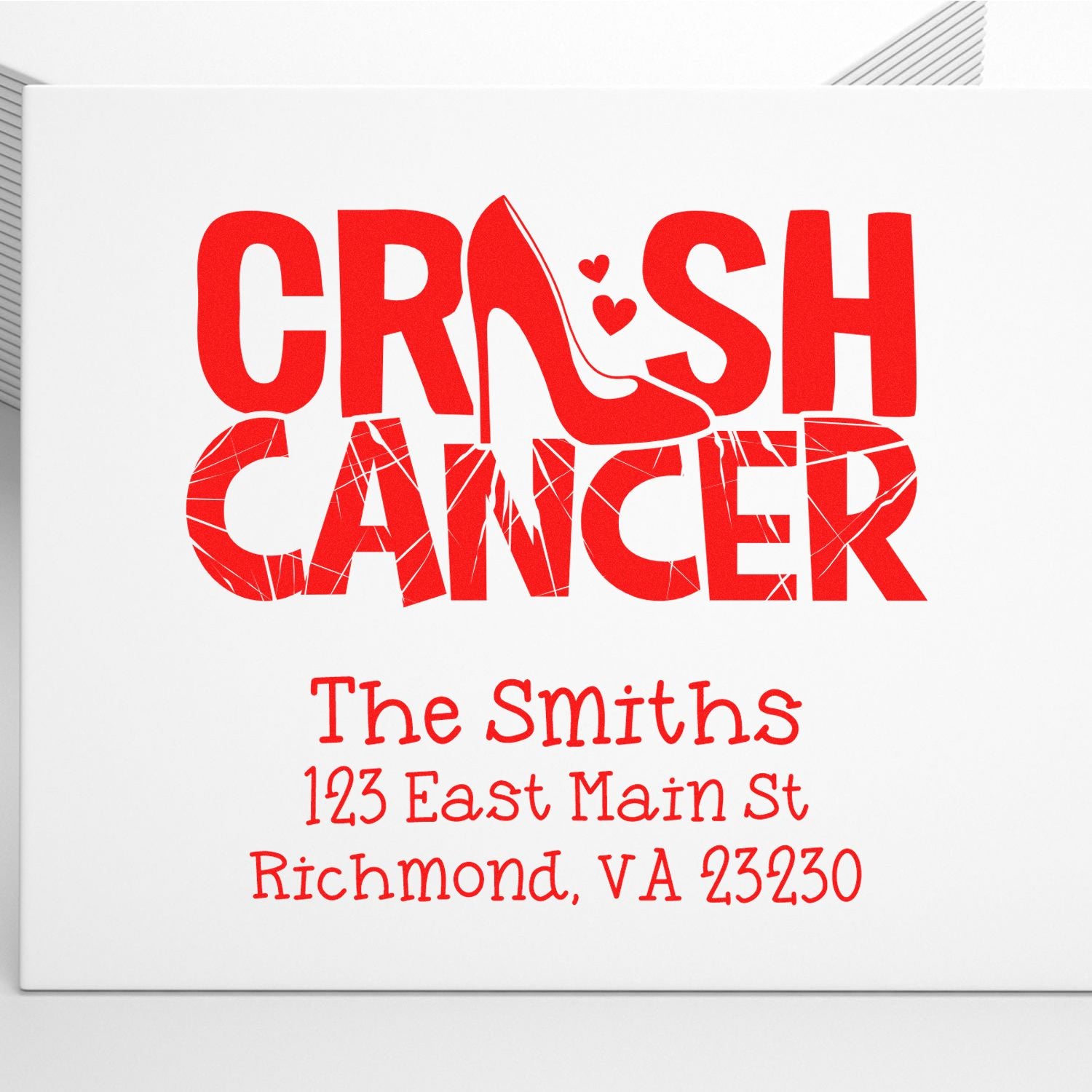 Custom rubber stamp featuring “Crash Cancer” and personalized return address for The Smiths in Richmond, VA.