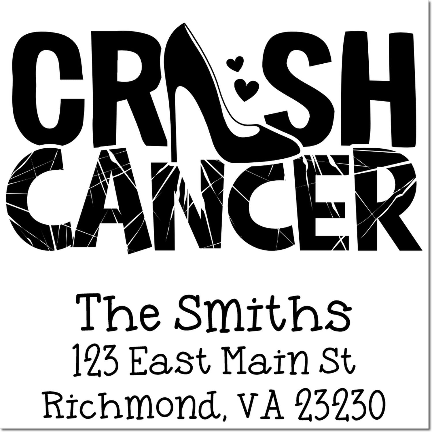 Custom Crash Cancer rubber stamp with personalized name and address for cancer awareness stationery
