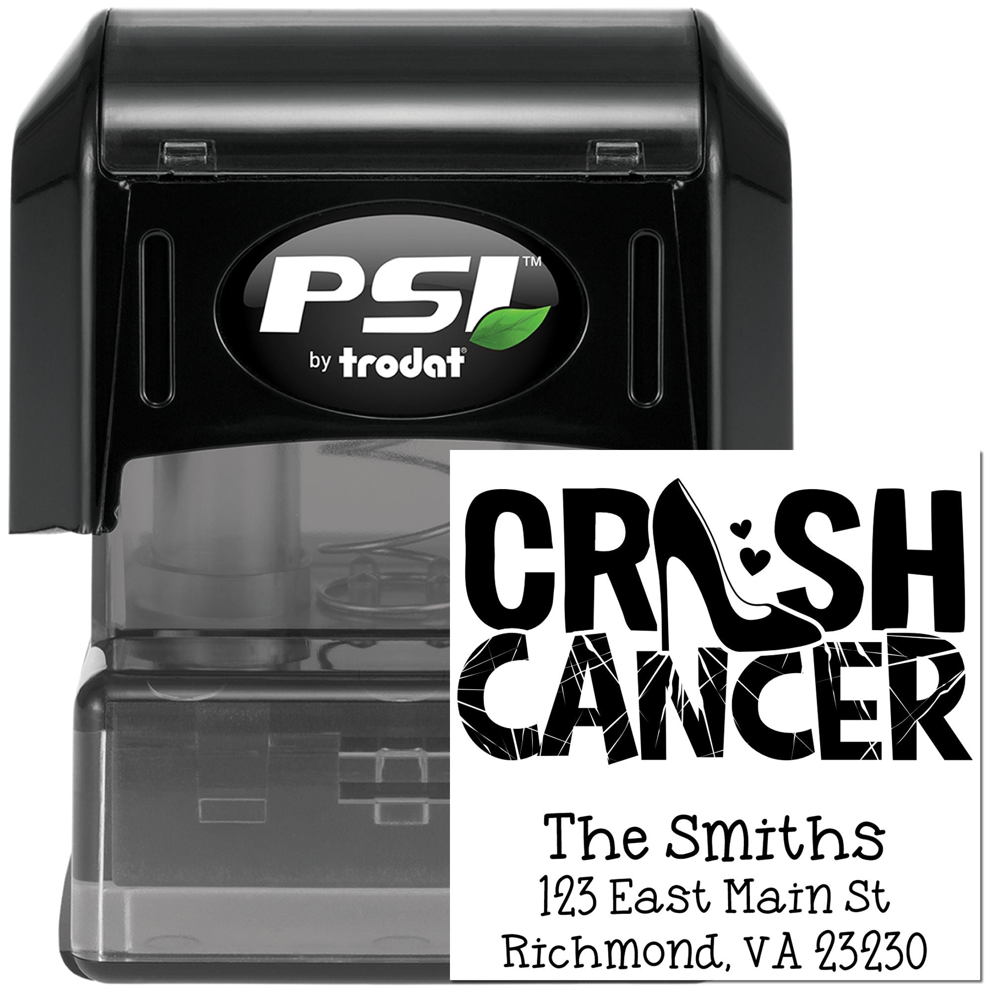 PSI by Trodat self-inking rubber stamp showing custom Crash Cancer and address imprint for The Smiths.