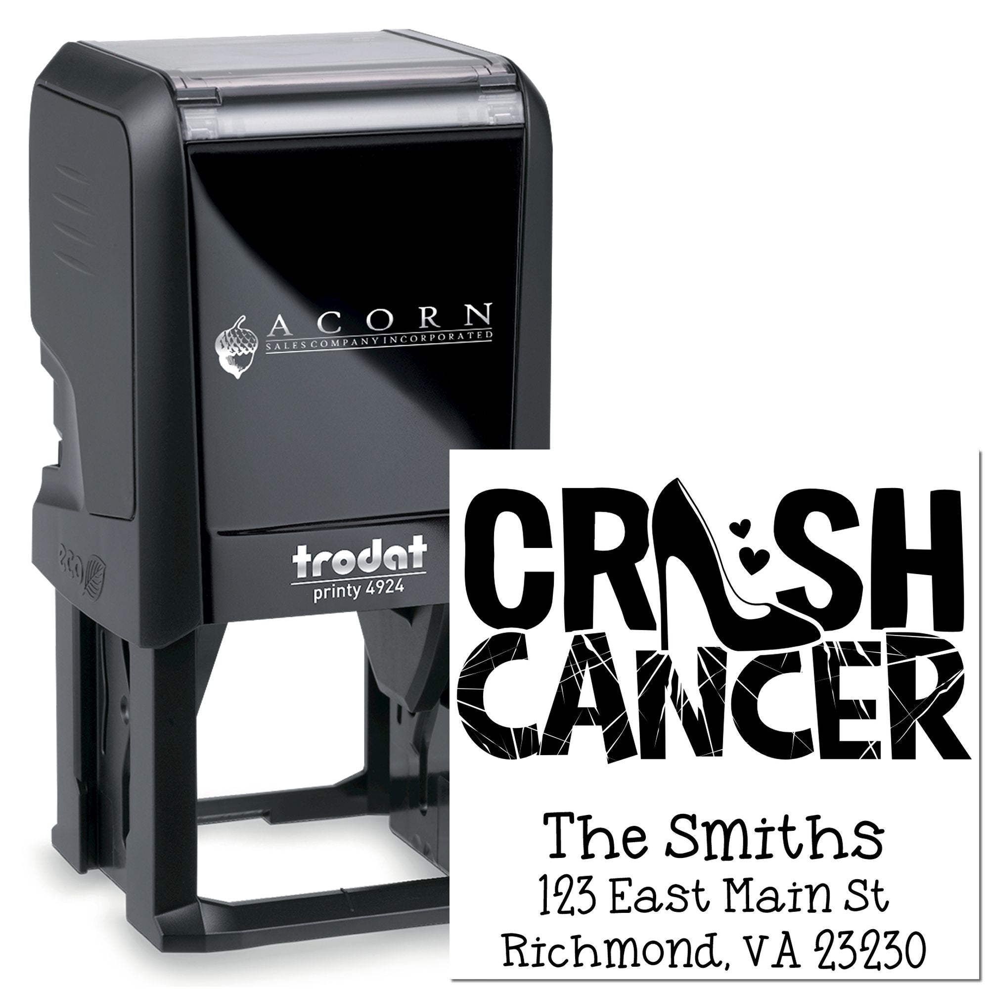 Trodat self-inking rubber stamp for custom logo and return-address imprint, featuring a Crush Cancer personalized design.