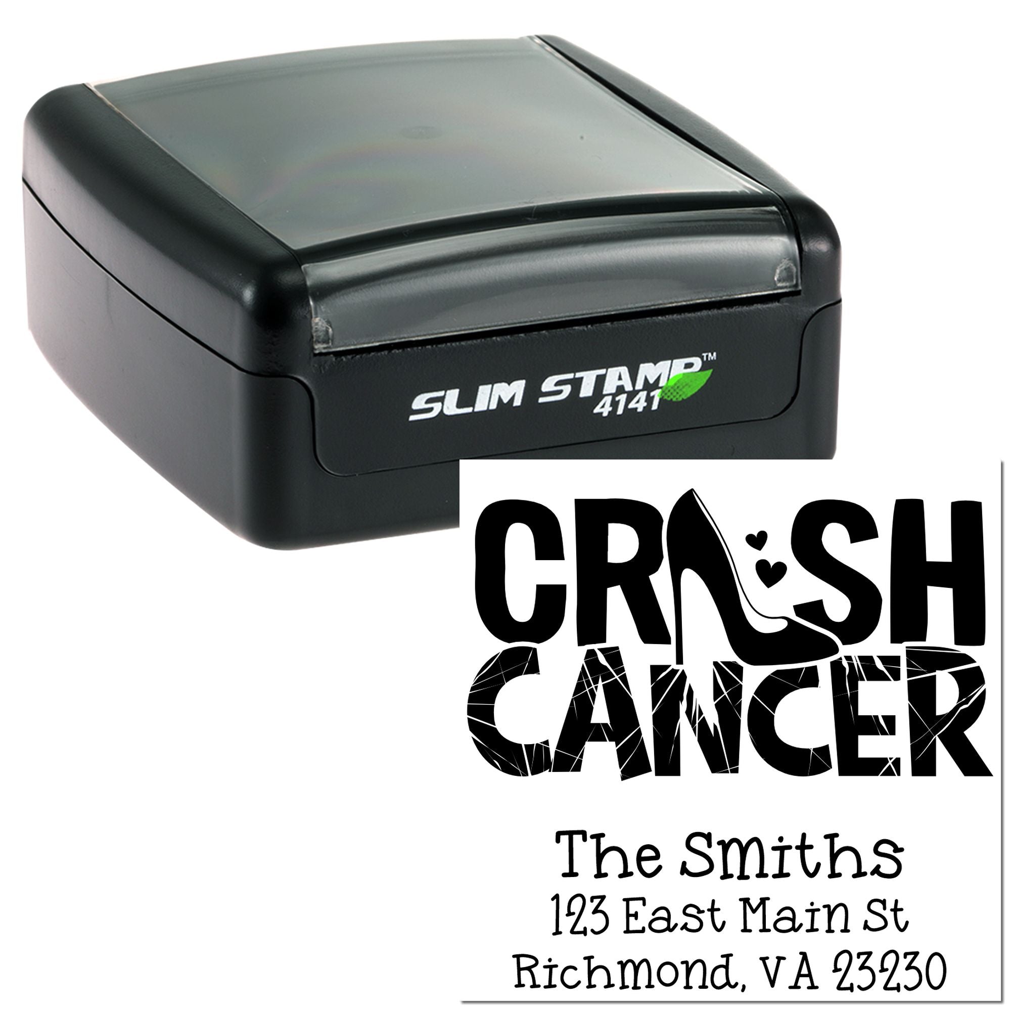 Custom self-inking rubber stamp with Crash Cancer design and address, ideal for personalized mailing and awareness branding.