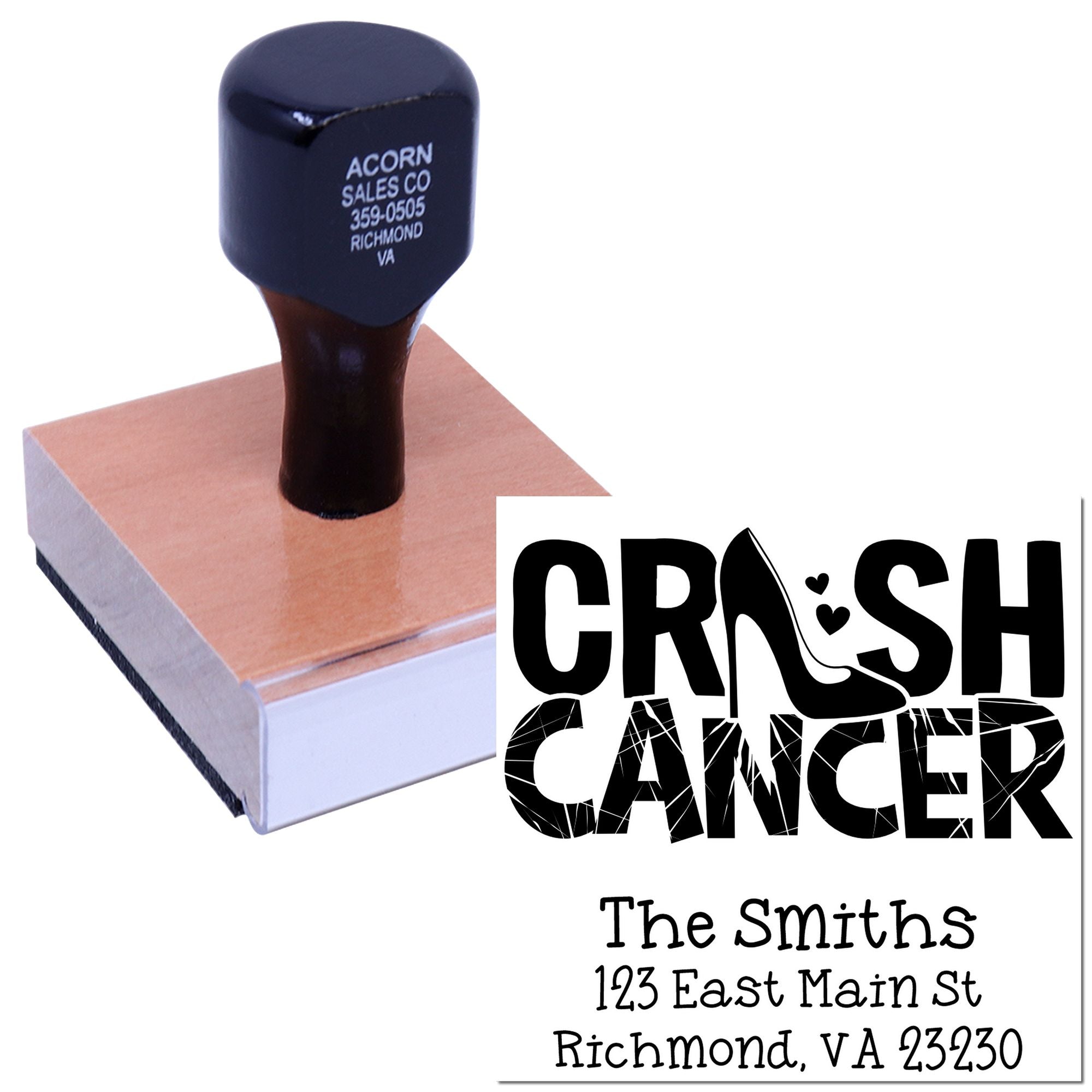 Custom rubber stamp design proof for Crush Cancer awareness, featuring The Smiths address and a stamp impression.