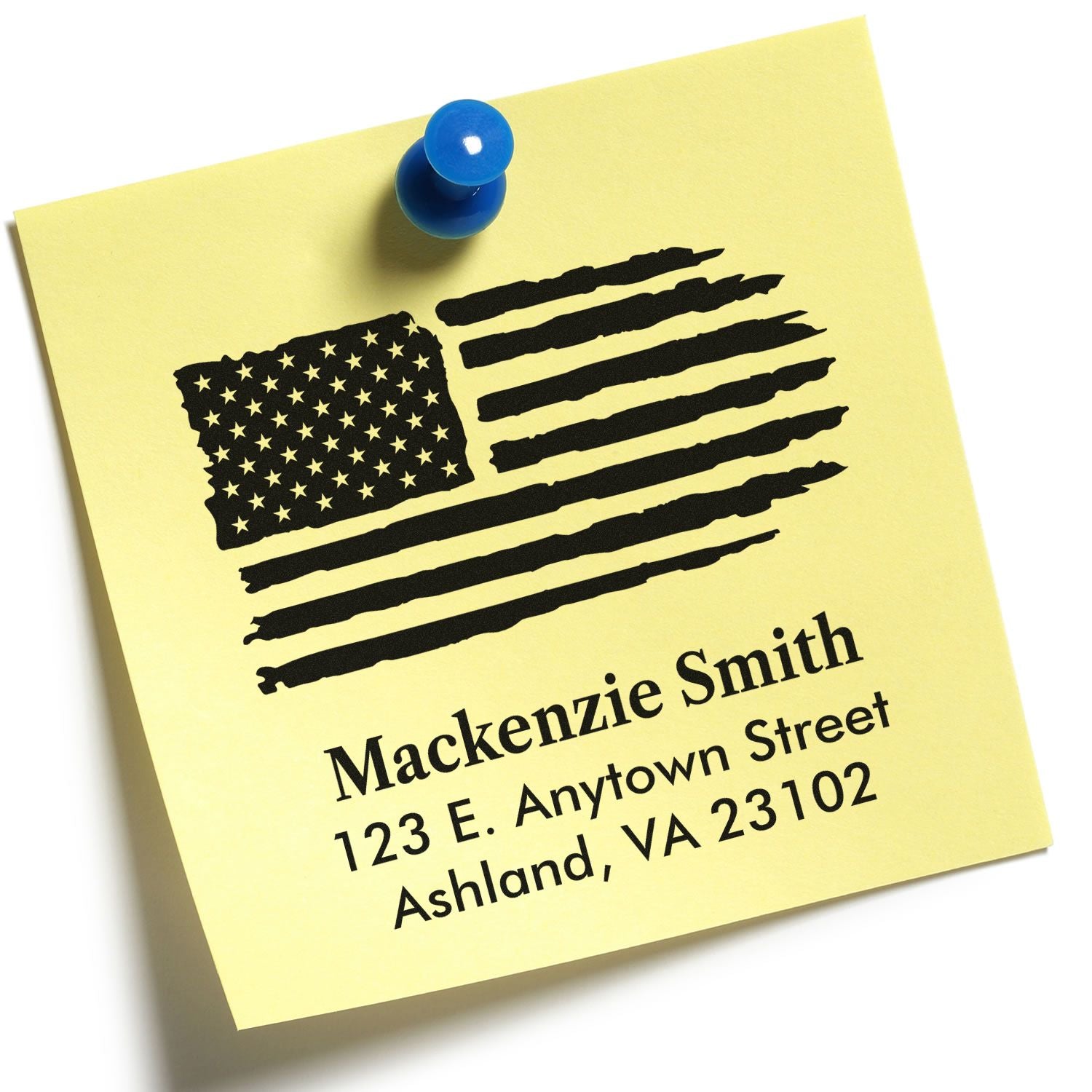 Patriotic custom address rubber stamp with distressed American flag and return address for envelopes and mail.