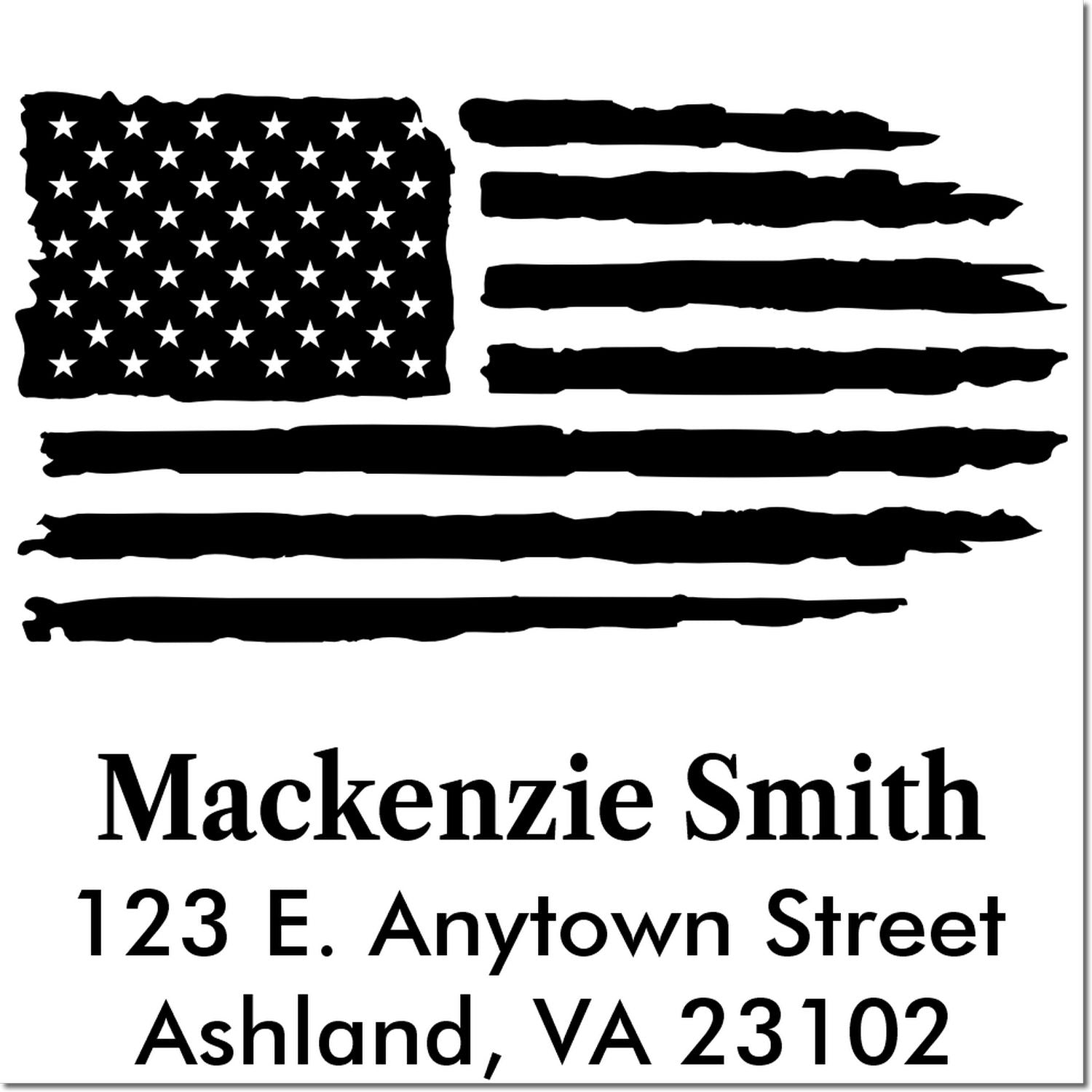 Patriotic custom address rubber stamp with American flag design and return address for Mackenzie Smith, Ashland, VA 23102