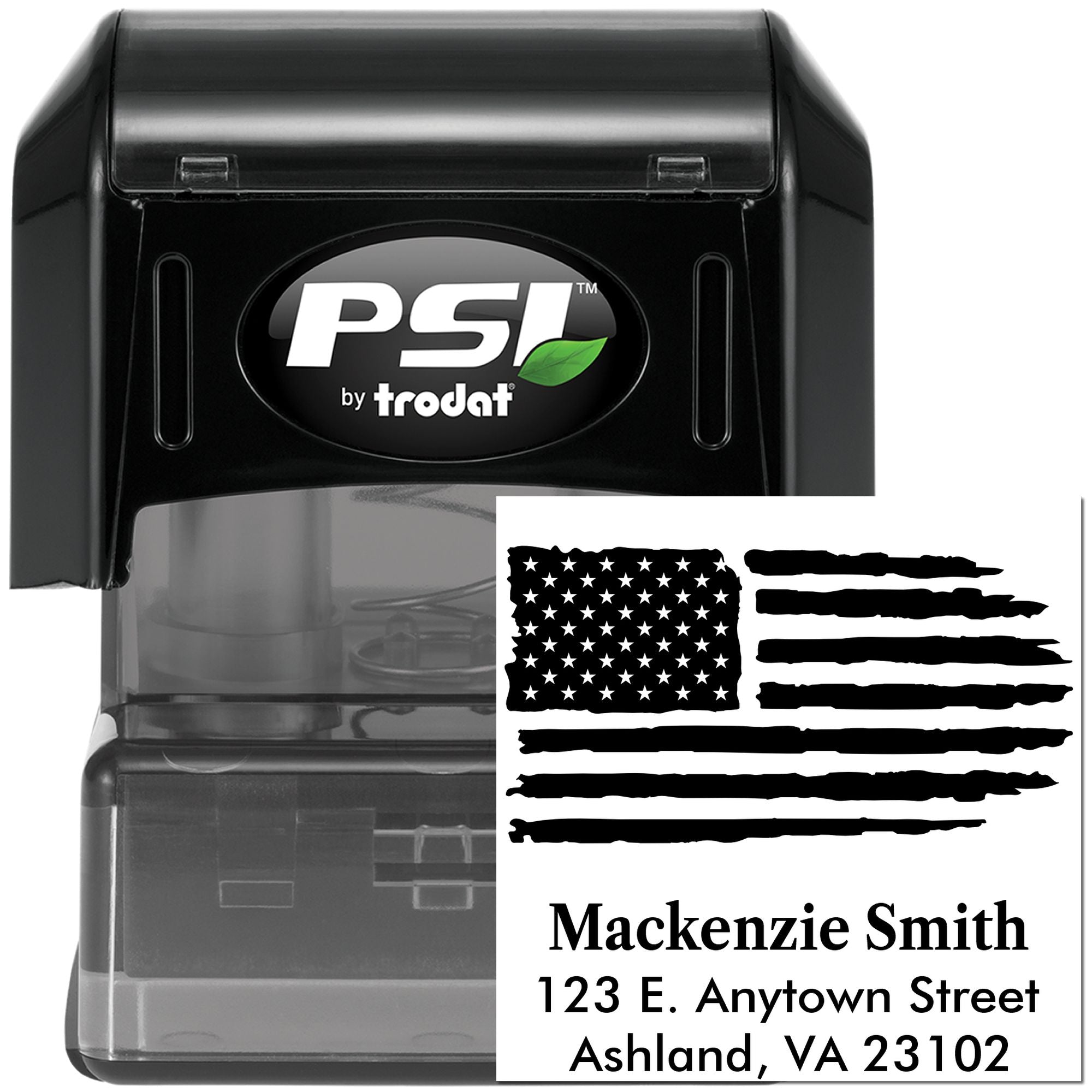 Custom self-inking rubber address stamp with American flag design, personalized name and mailing address, PSI by Trodat