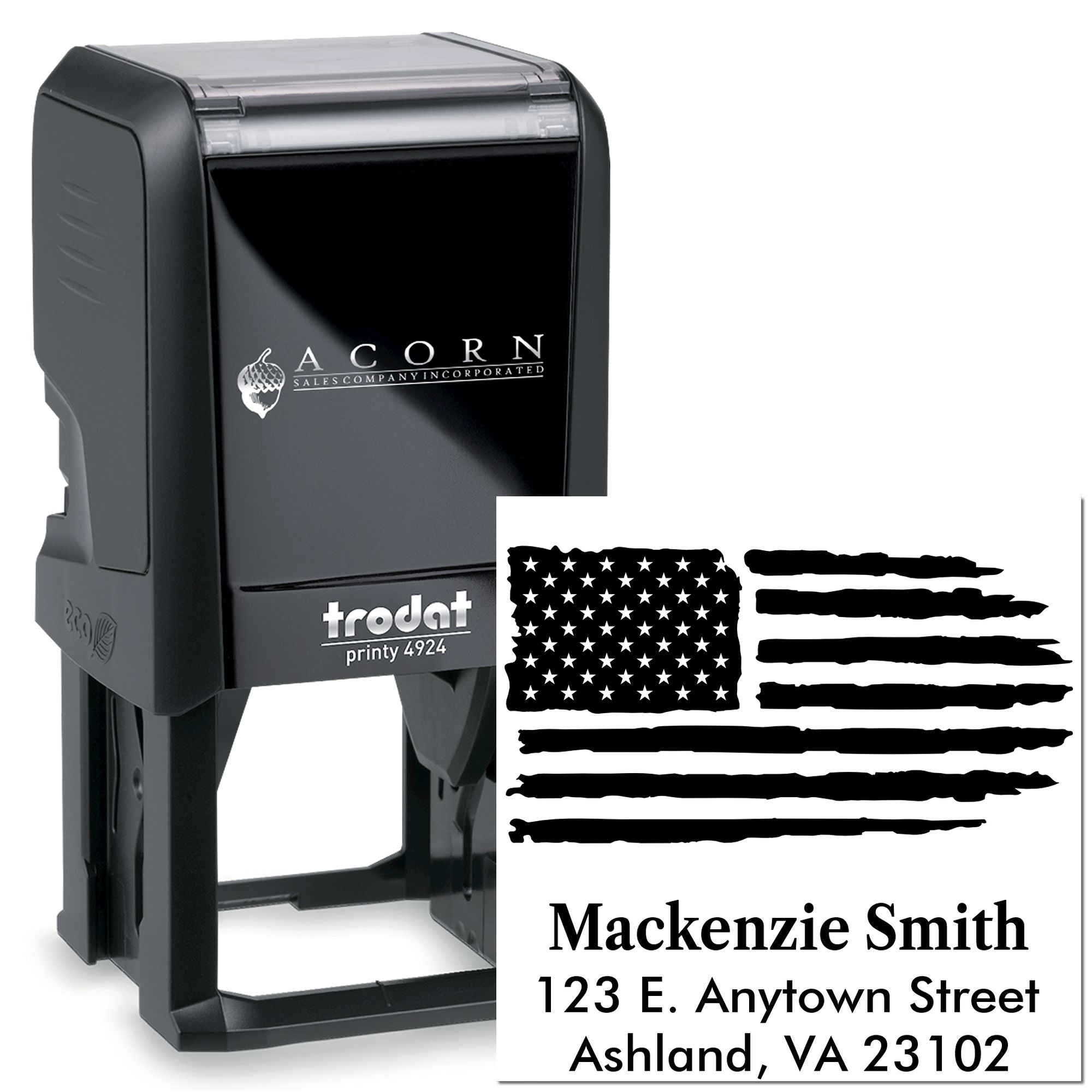 Custom self-inking rubber address stamp, Trodat Printy 4924, with American flag design and personalized return mailing address.