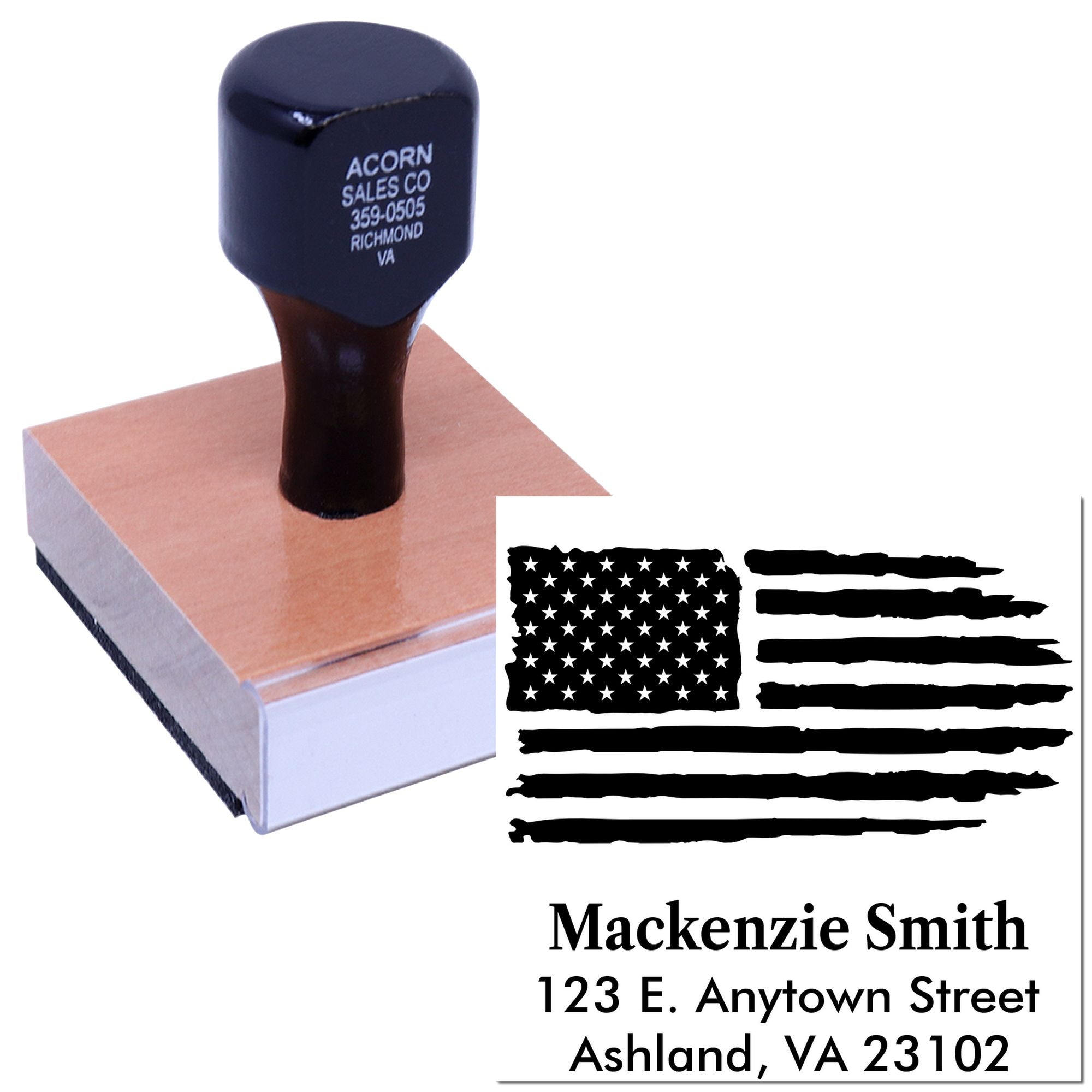 Custom address rubber stamp with wooden handle and sample imprint for mailing envelopes and business mail.